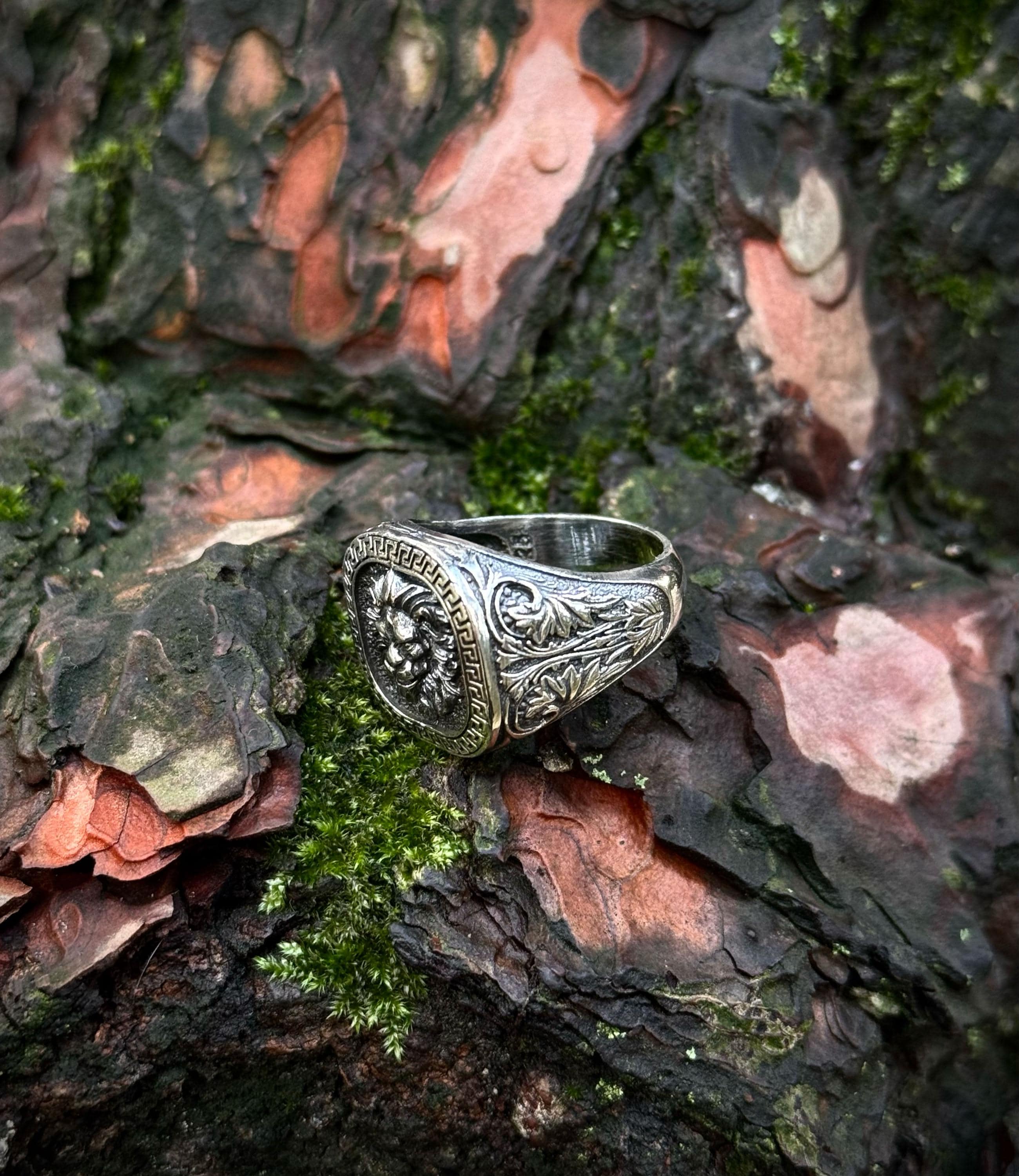 925 Sterling Silver Lion Signet Ring, Greek Key Men's Statement Ring - image 5