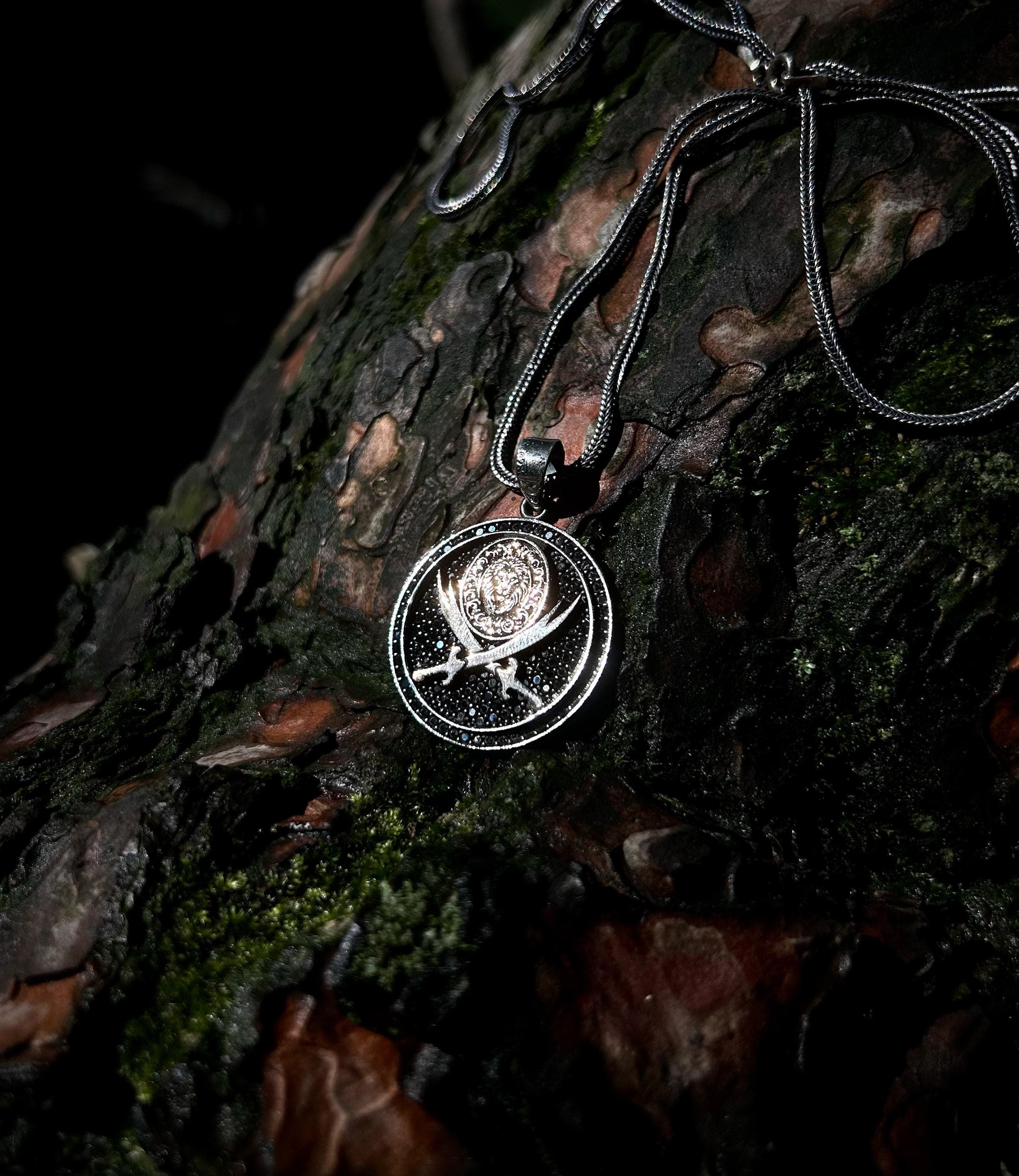 Sterling Silver Lion Zulfiqar Sword Necklace: Islamic Amulet Pendant