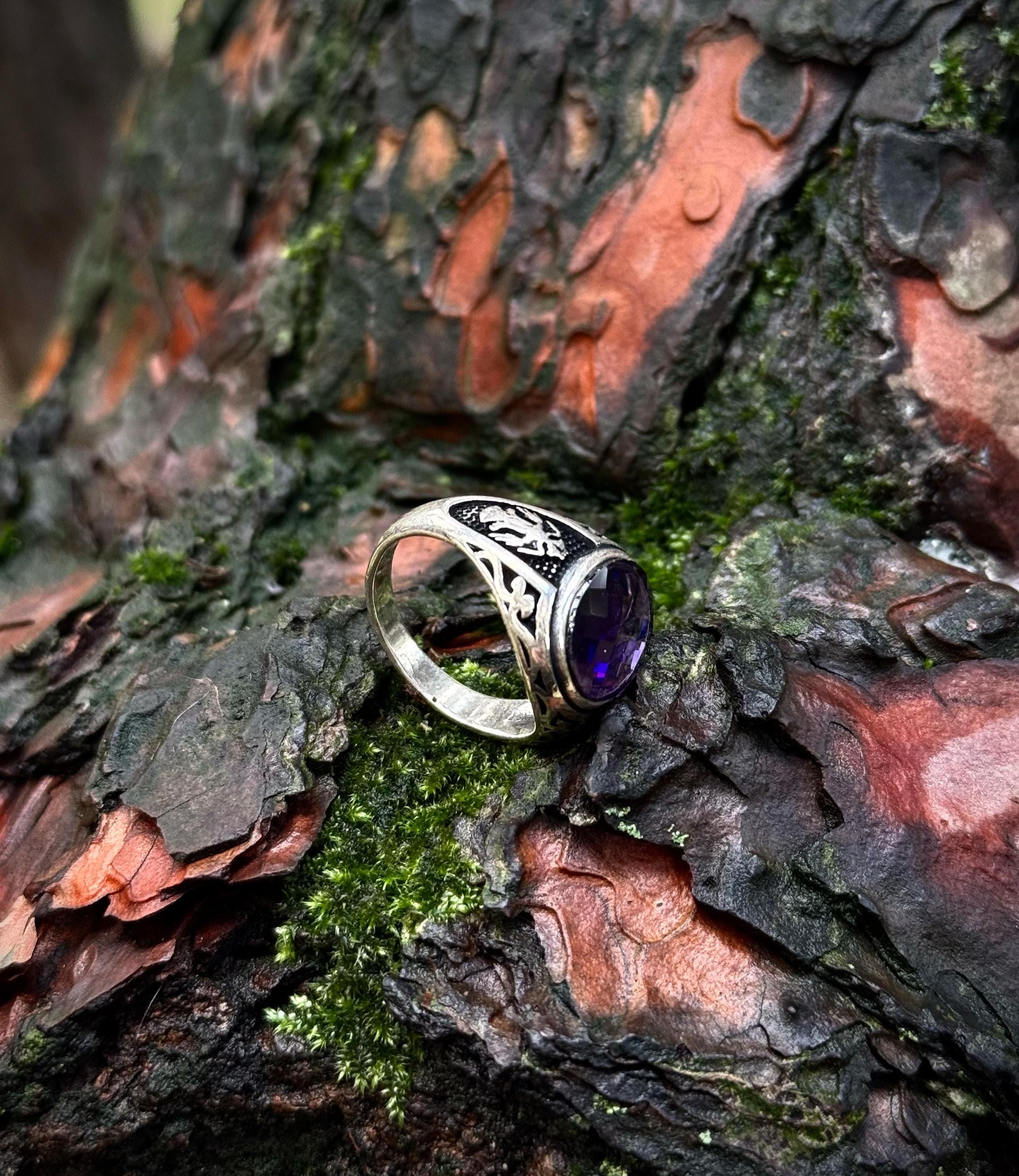Royal Purple Stone Ring, Sterling Silver Men’s Ring with Engraved Band Design