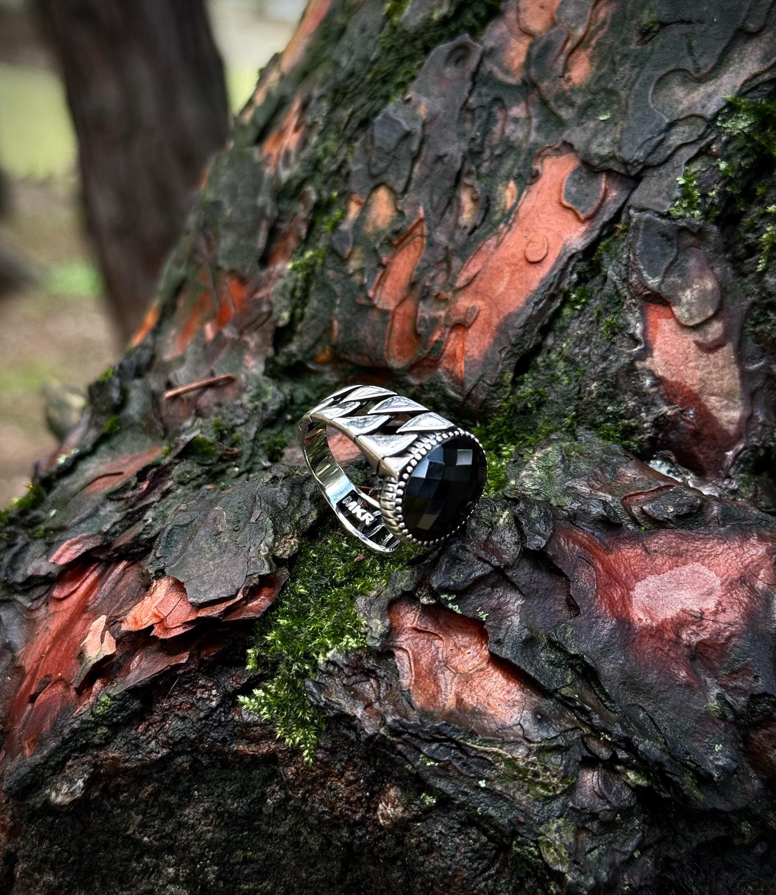 Sterling Silver Black Onyx Chain Band Ring, Linked Design Men's Statement Ring