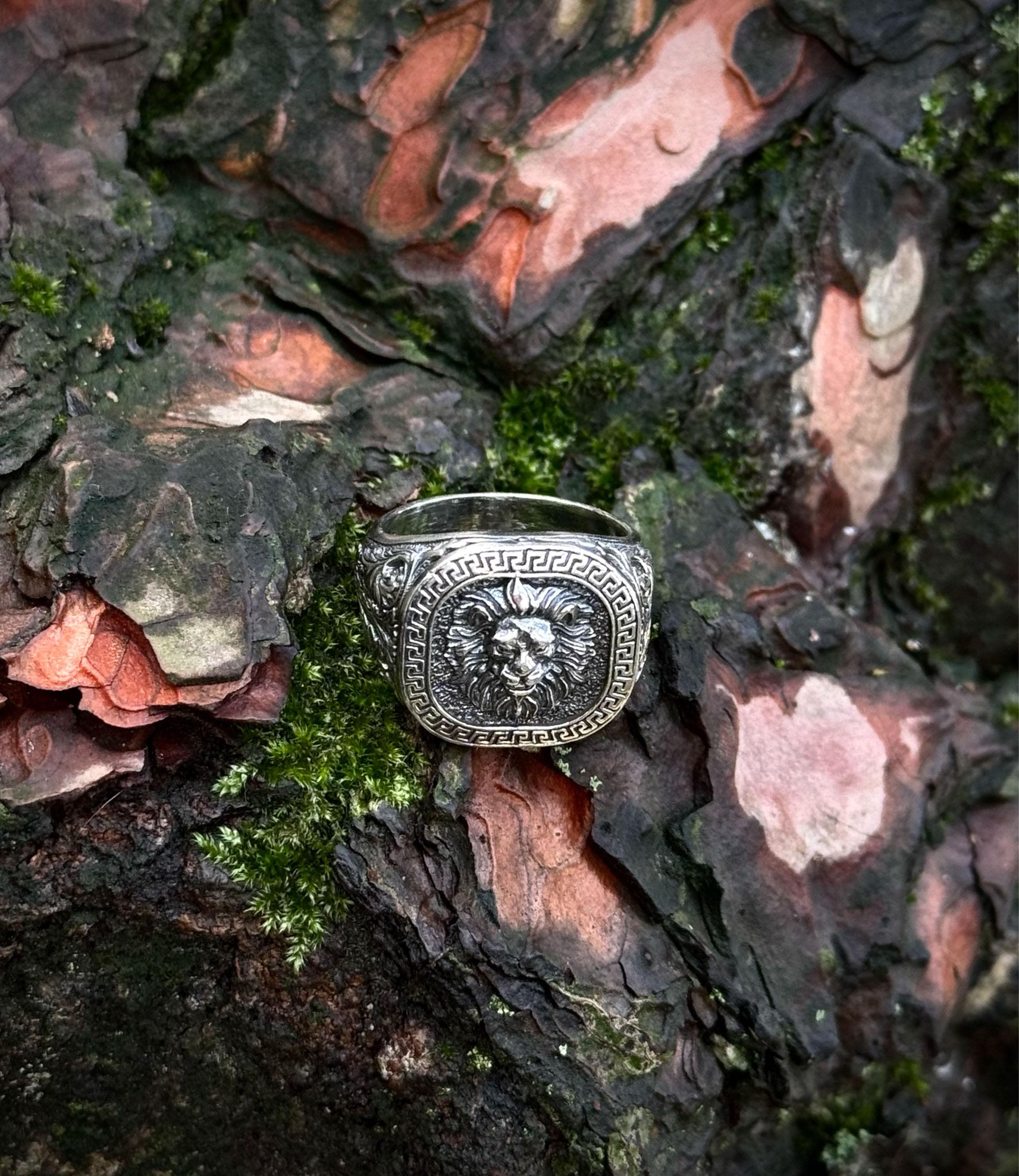 925 Sterling Silver Lion Signet Ring, Greek Key Men's Statement Ring - image 4