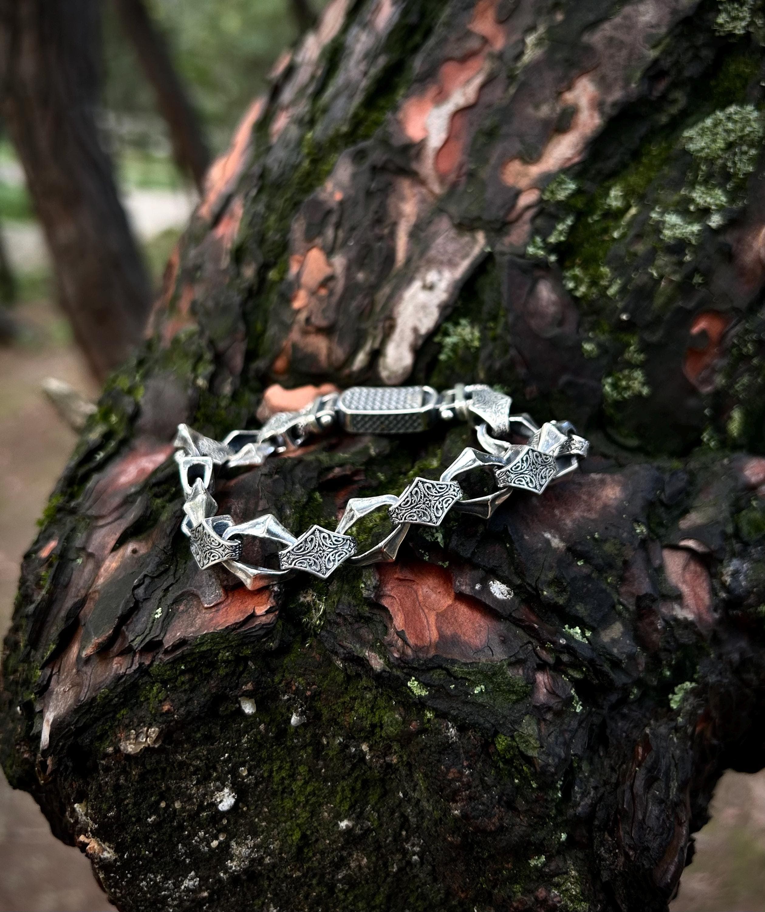 Mens Engraved 925K Sterling Silver Chain Link Bracelet - image 4
