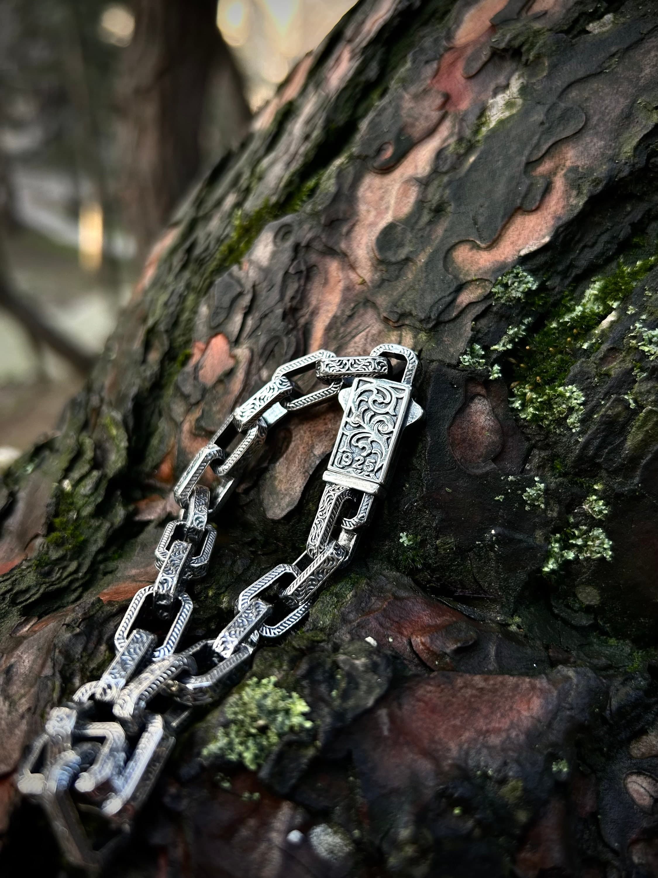 Mens Heavy Engraved 925 Sterling Silver Link Chain Bracelet - image 5