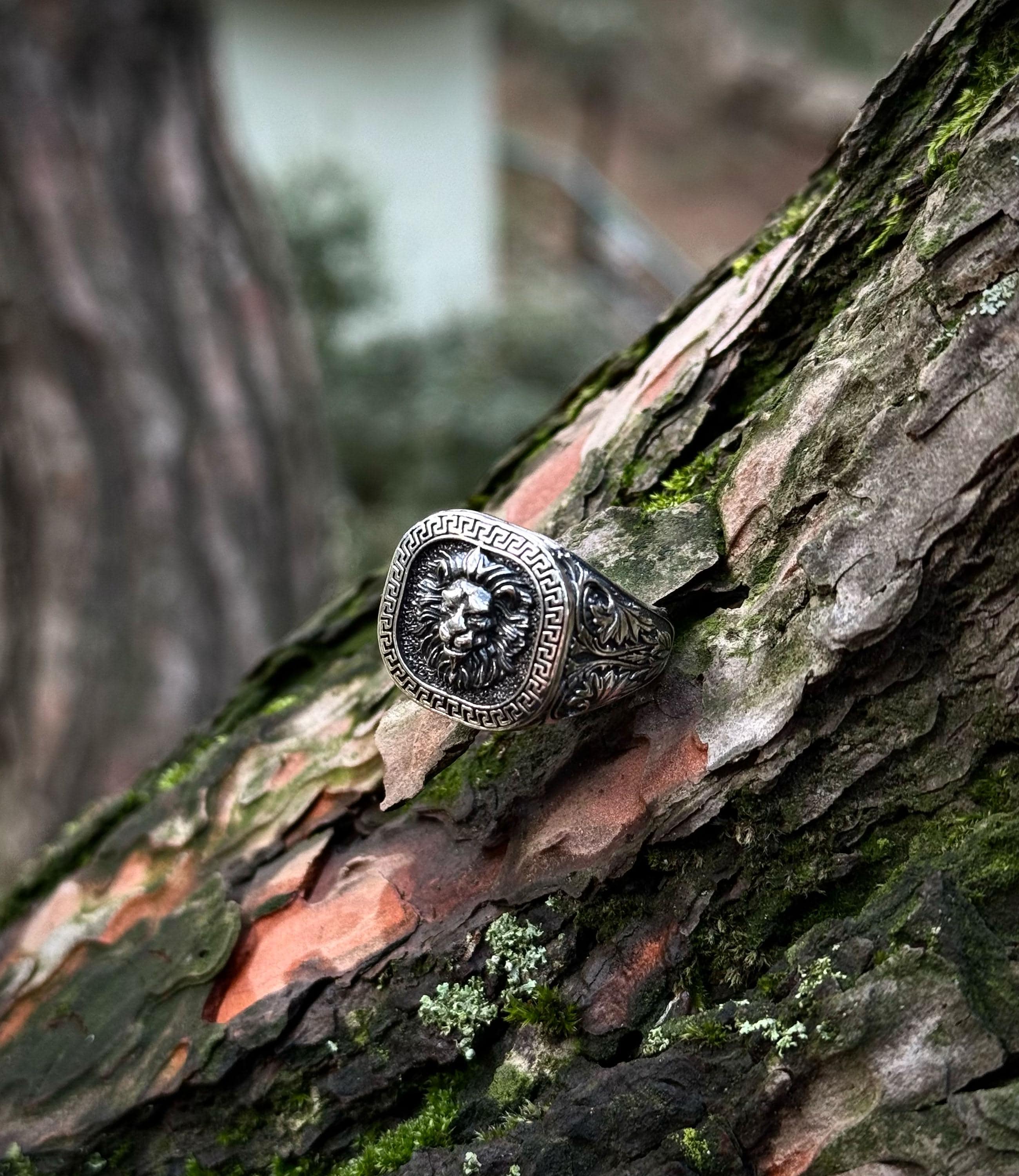 925 Sterling Silver Lion Signet Ring, Greek Key Men's Statement Ring