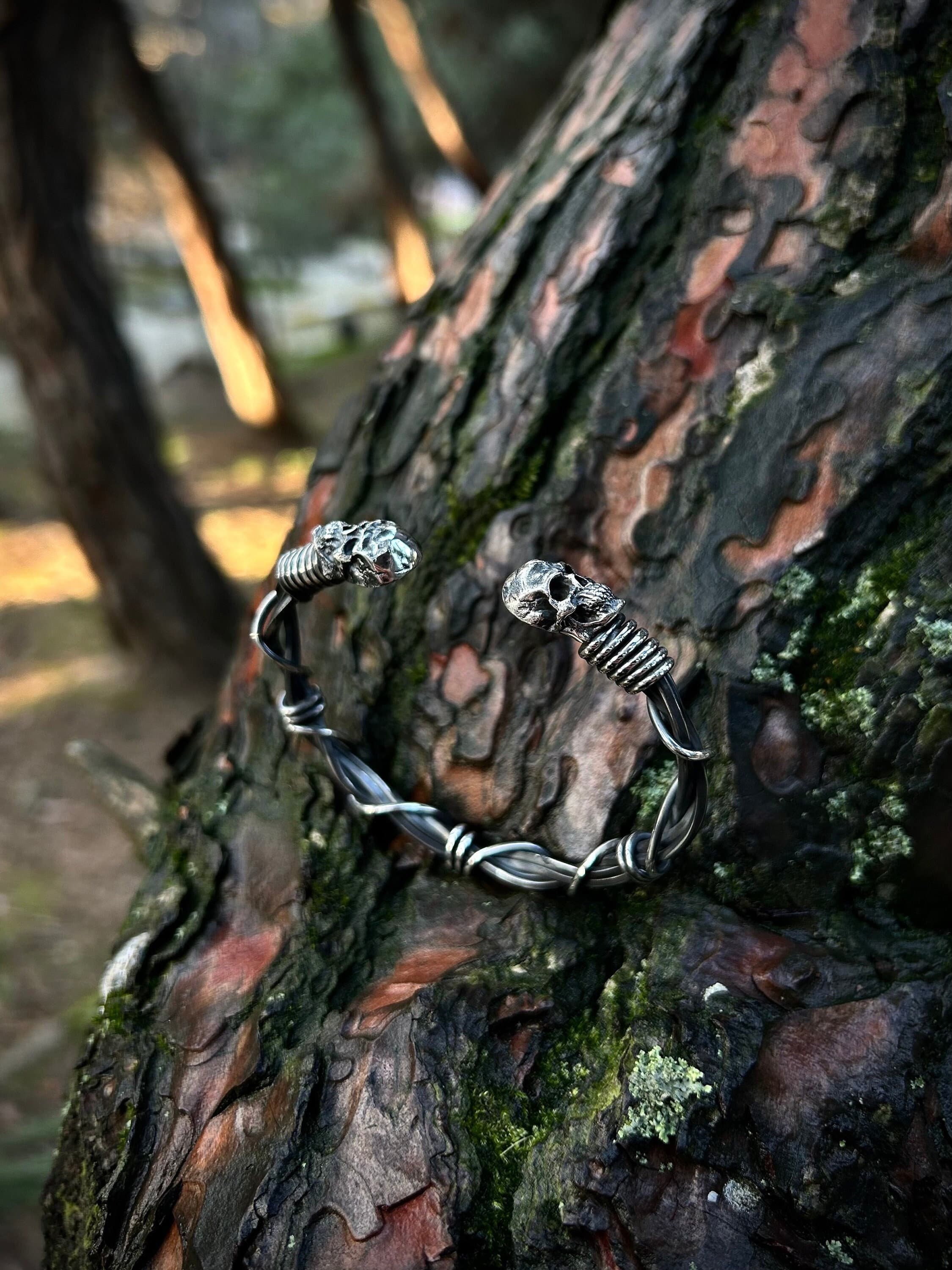 Oxidized 925 Sterling Silver Skull Bracelet - Gothic Bangle