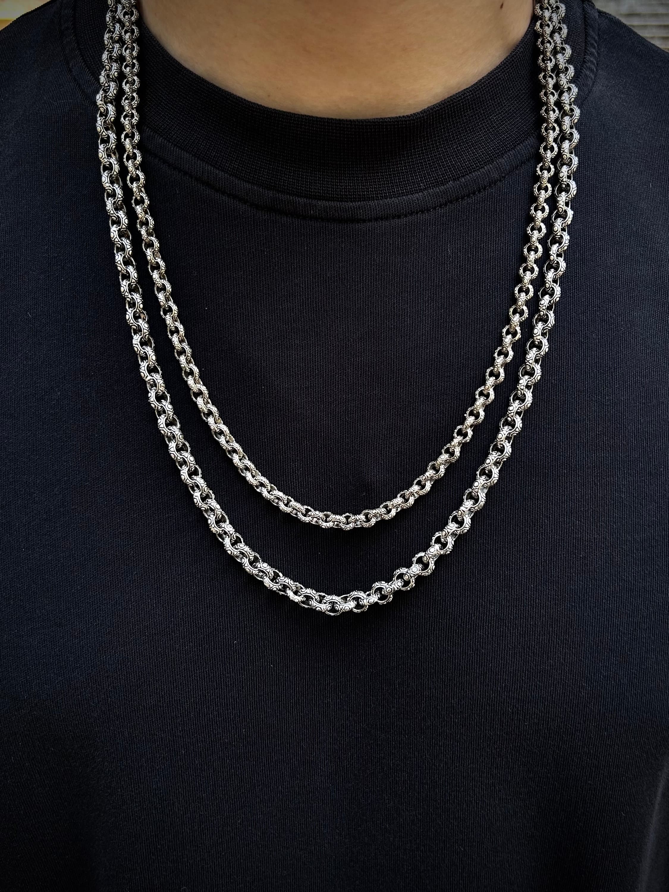 Handcrafted Engraved Circle Chain 925 Sterling Silver, Circle Links Chain 5mm 7mm, Circle Link Silver Chain Gift For Boyfriend