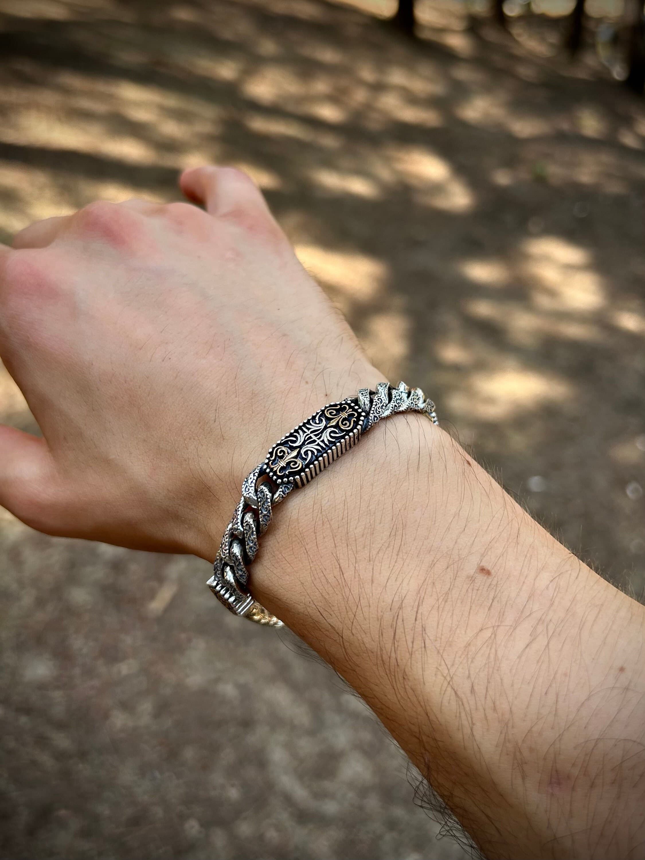 Vintage Style Silver Bracelet With Intricate Engraved Pattern, Antique Vintage Style Old School Type Chain Bracelet, Unique Gift For Farher