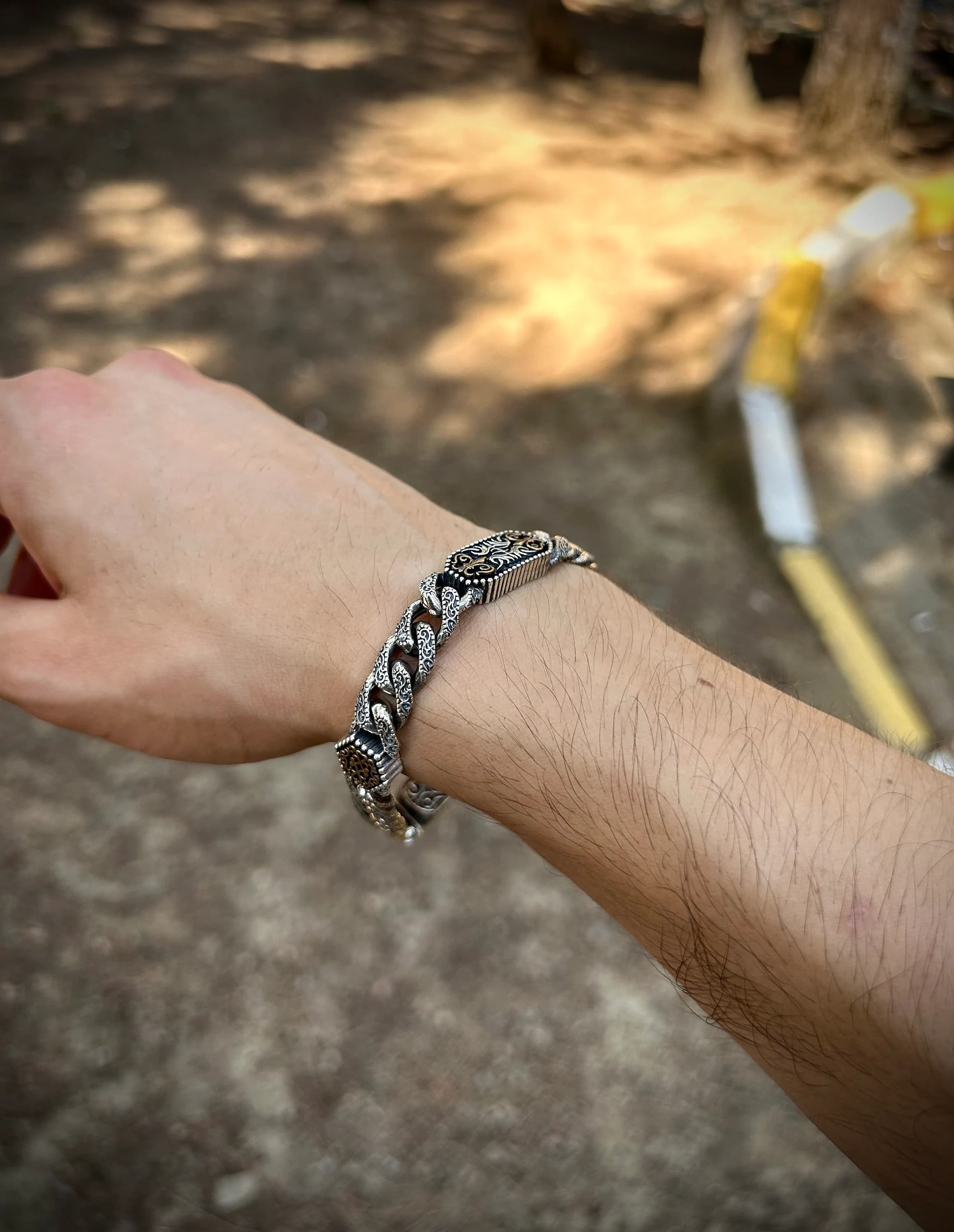 Vintage Style Silver Bracelet With Intricate Engraved Pattern, Antique Vintage Style Old School Type Chain Bracelet, Unique Gift For Farher