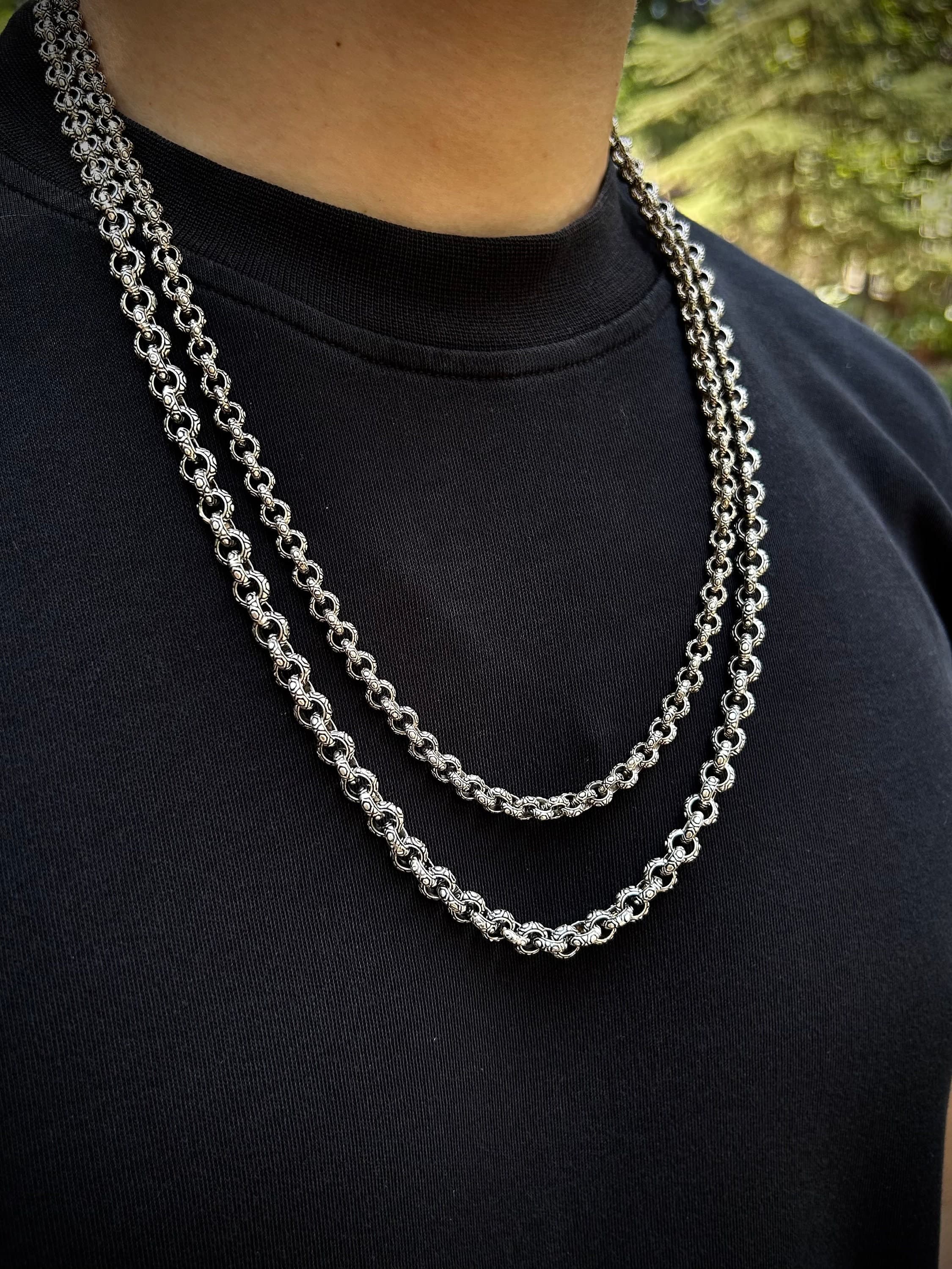 Handcrafted Engraved Circle Chain 925 Sterling Silver, Circle Links Chain 5mm 7mm, Circle Link Silver Chain Gift For Boyfriend