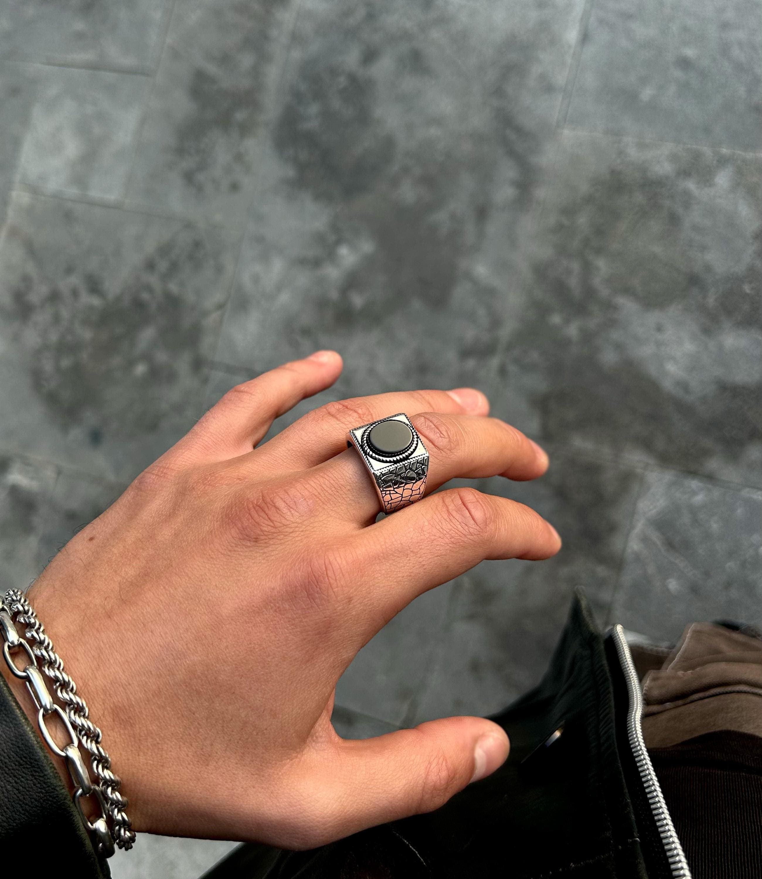 Men's Onyx Ring | 925 Sterling Silver Signet, Classic Black Stone Statement Ring