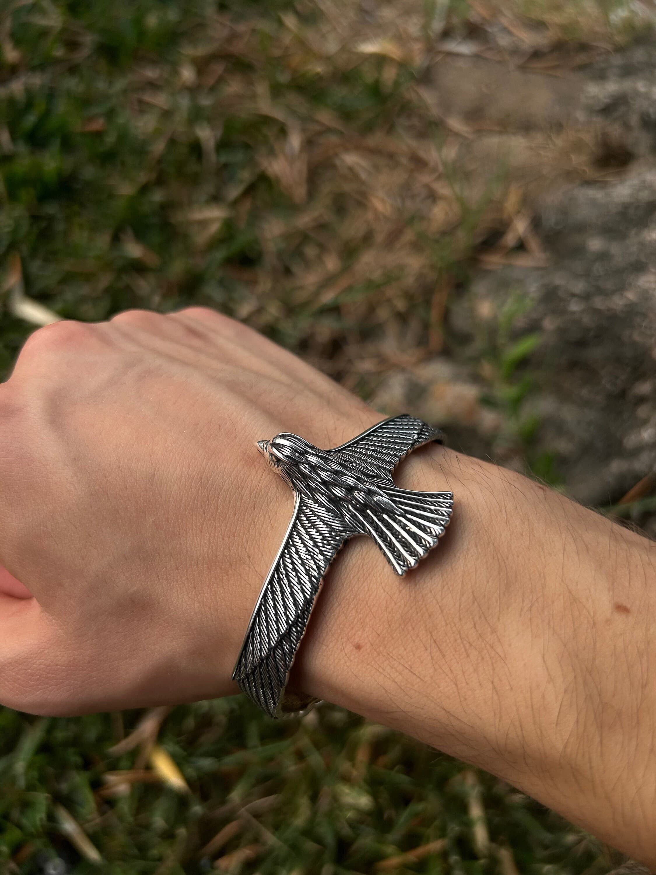 Sterling Silver Eagle Cuff Bracelet: Heavy Adjustable Animal Jewelry