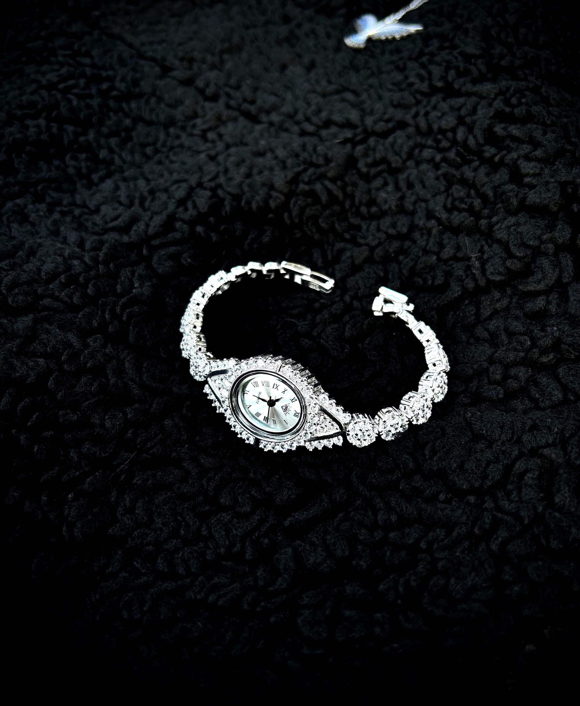 Sterling Silver Iced Bracelet Watch: Rhodium Plated, Handmade Jewelry