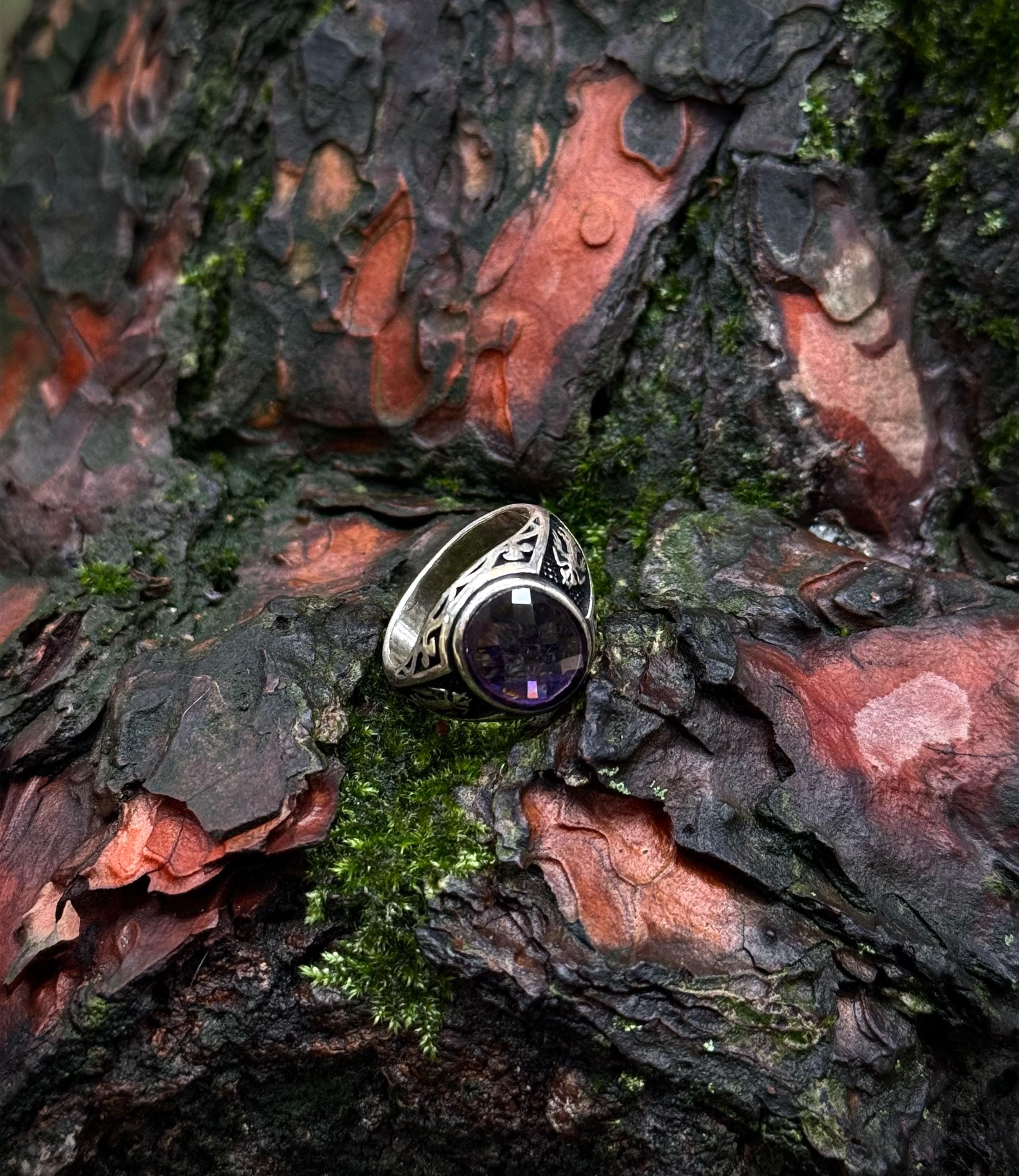 Royal Purple Stone Ring, Sterling Silver Men’s Ring with Engraved Band Design - image 5