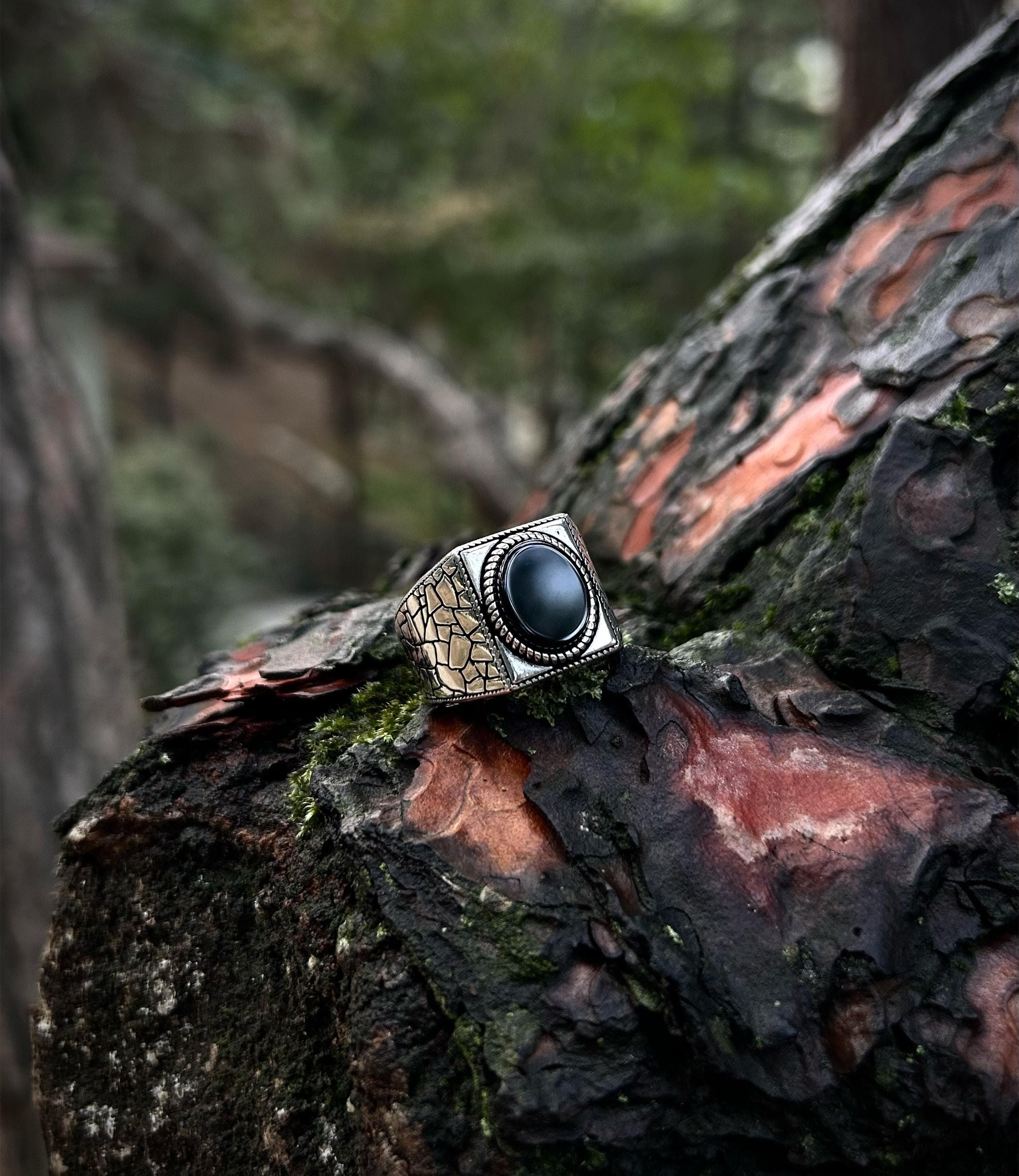 Men's Black Onyx Ring | 925 Sterling Silver, Cracked Earth Statement Signet, Grounding Stone Jewelry - image 5