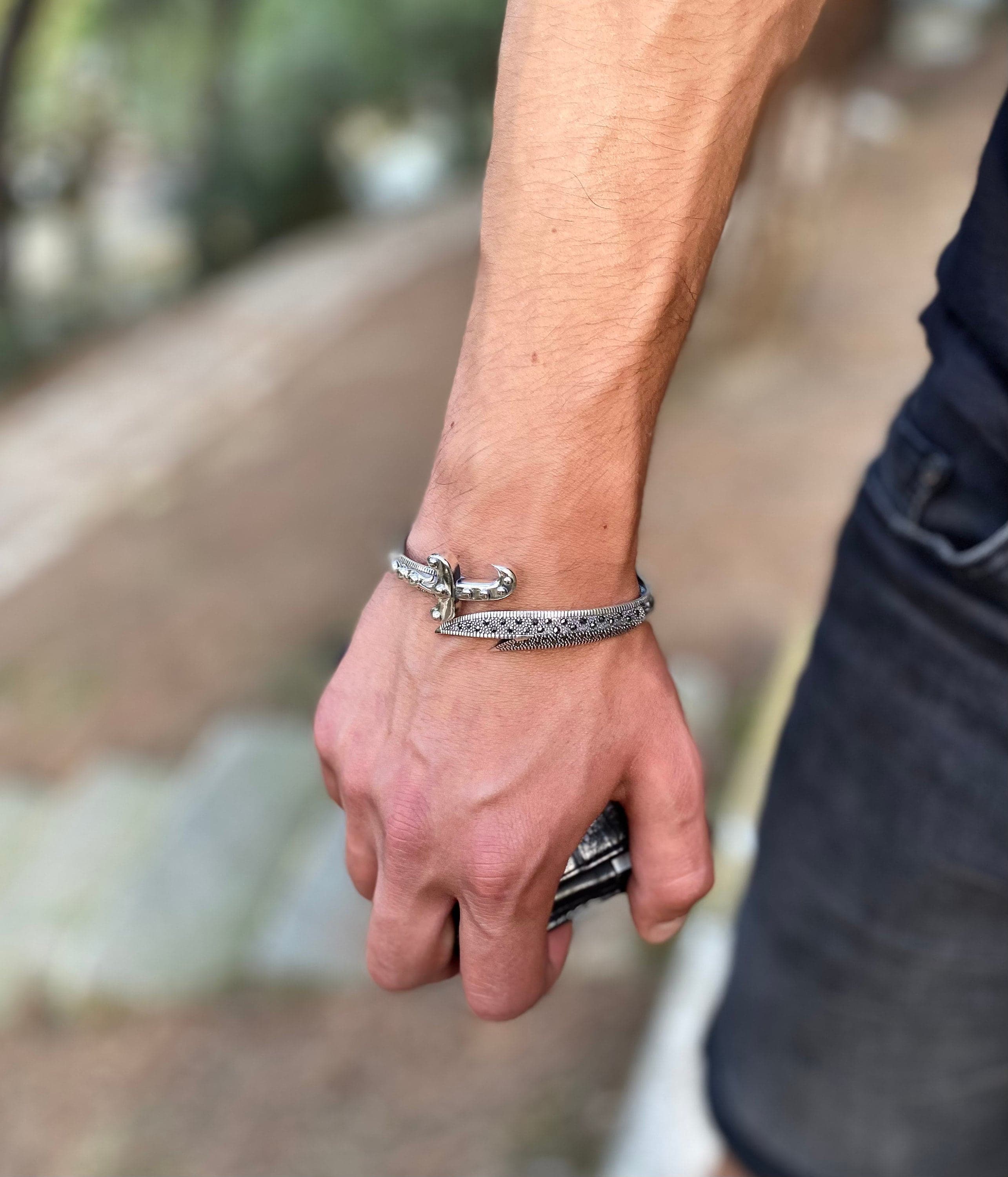 Silver Zulfiqar Bracelet With Zircon Stone. Handmade Zulfiqar Sword Bracelet For Men. Mens Adjustable Cuff Bracelet 925 Sterling Silver