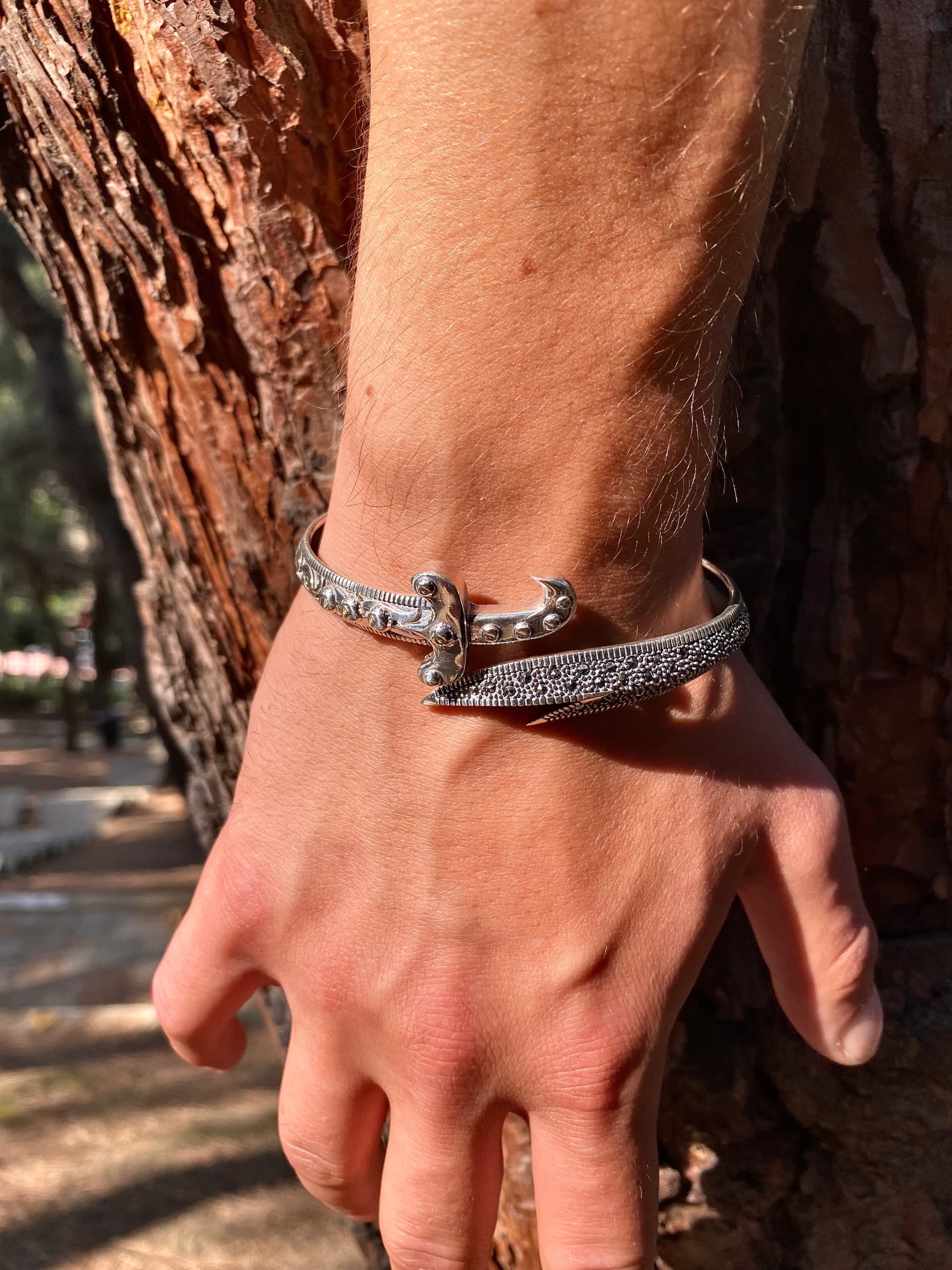 Silver Zulfiqar Bracelet With Zircon Stone. Handmade Zulfiqar Sword Bracelet For Men. Mens Adjustable Cuff Bracelet 925 Sterling Silver