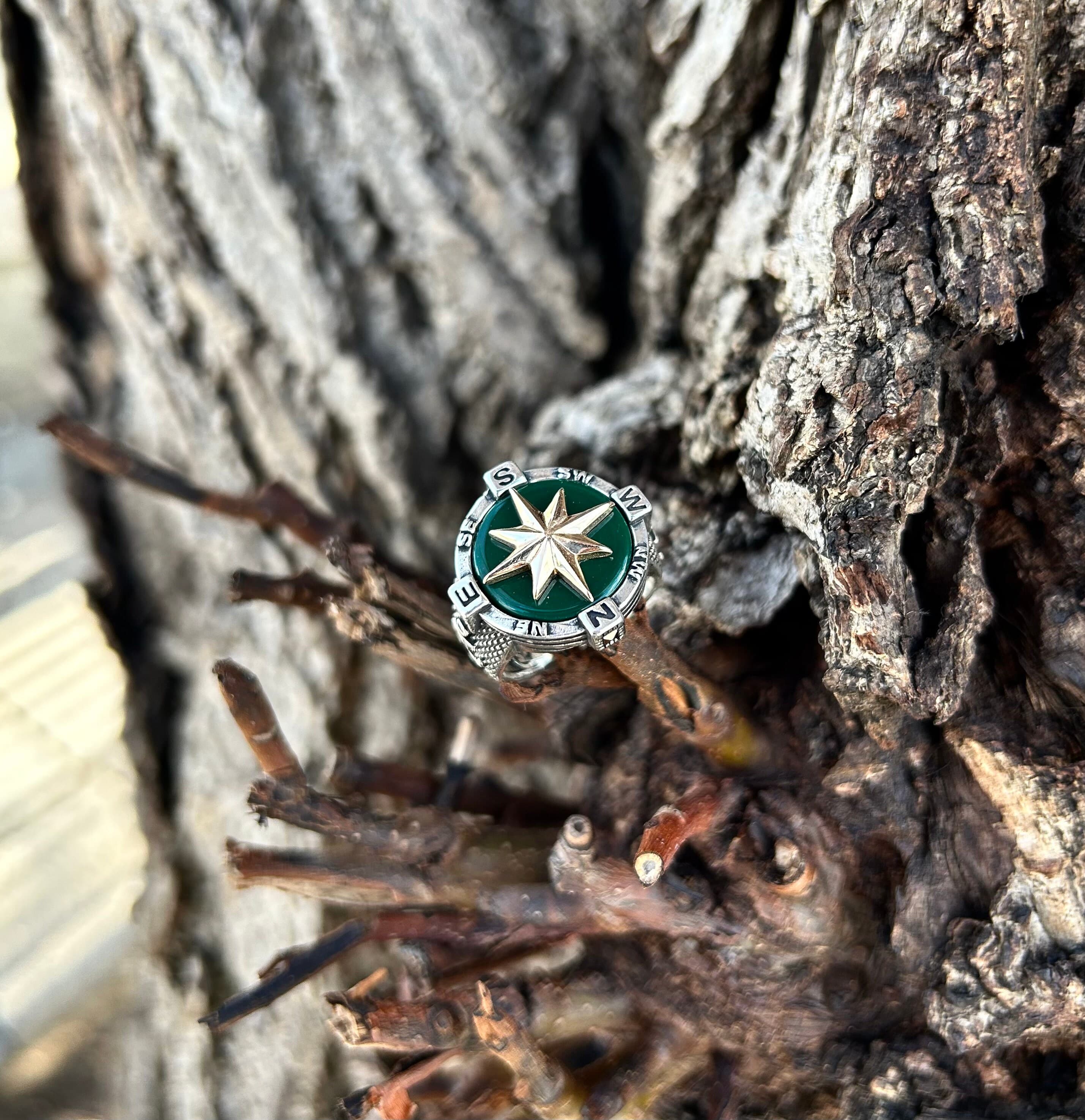 Sterling Silver Compass Ring For Men, Green Stone - image 2