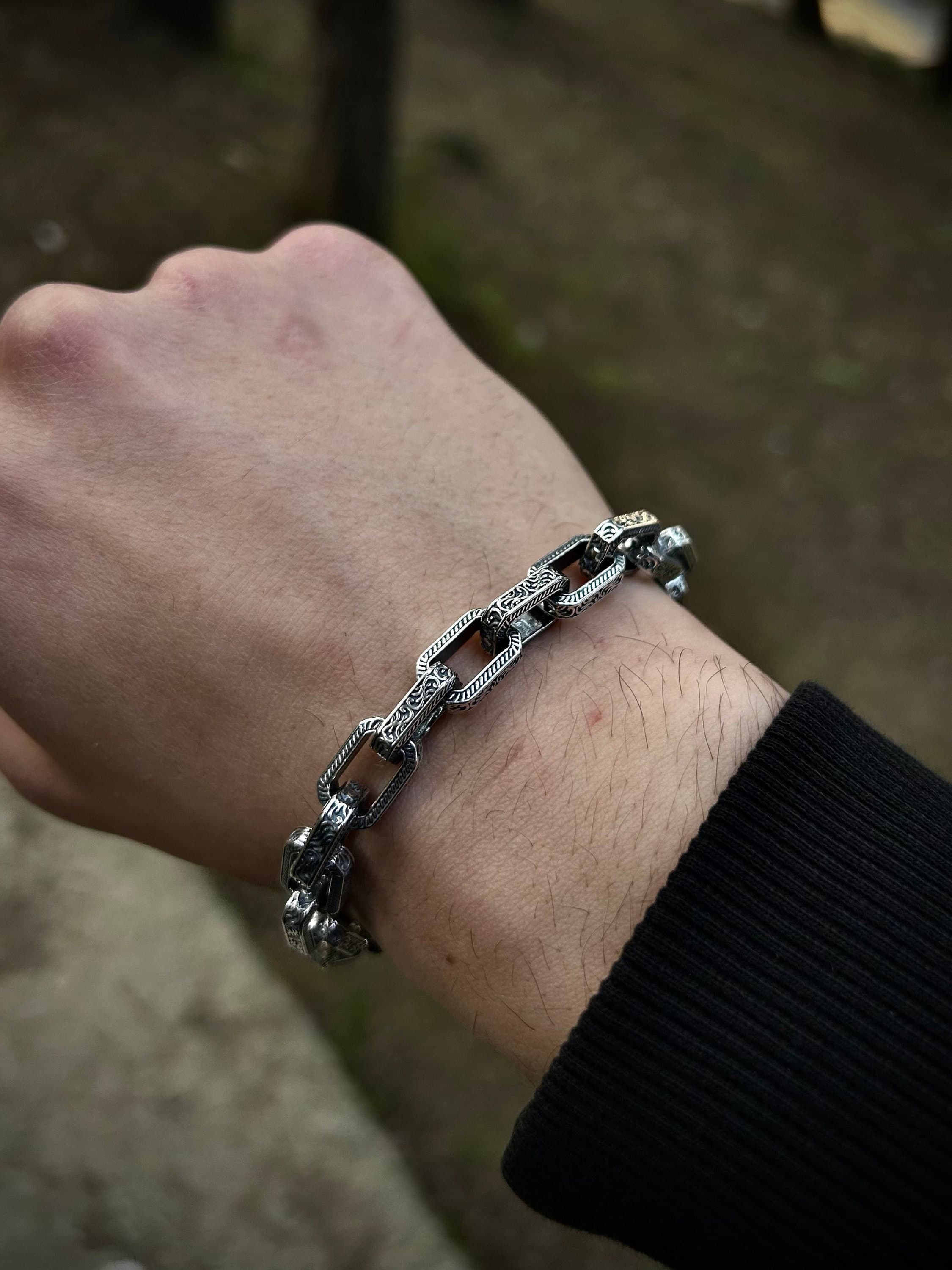 Mens Engraved Link Chain Bracelet 925 Sterling Silver