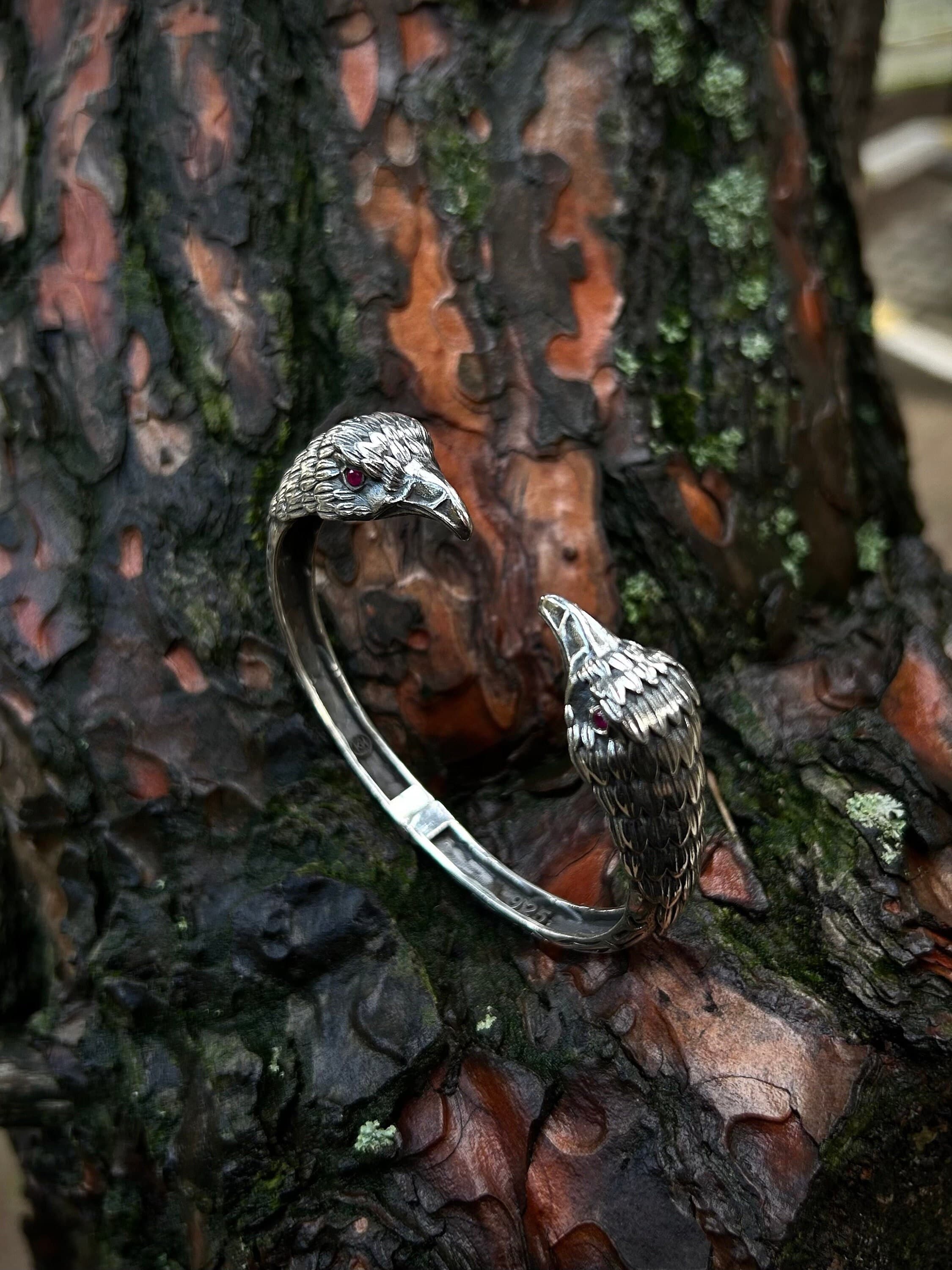 Odin's Raven Bracelet: 925 Sterling Silver Crow Bangle, Norse Mythology