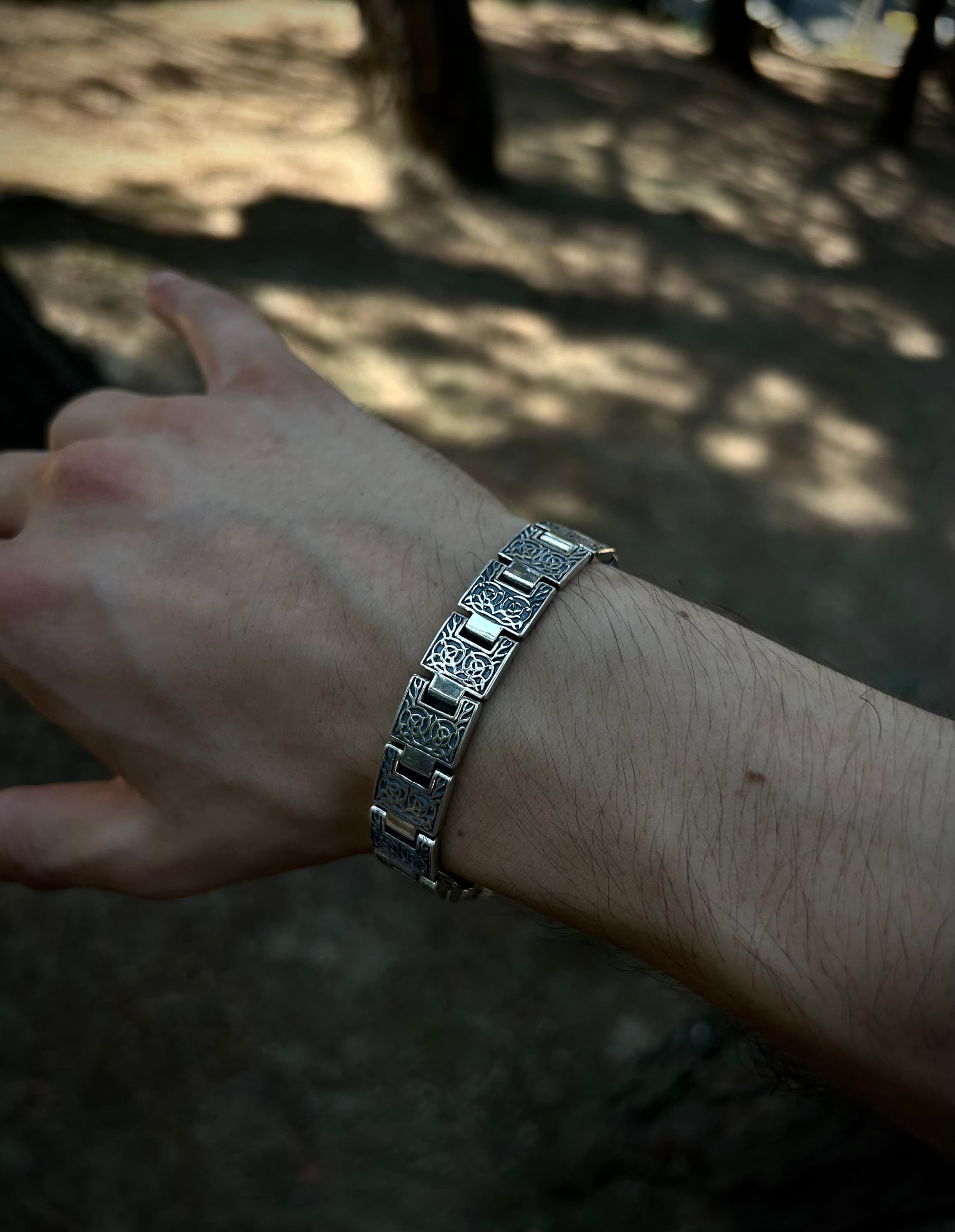 Mens Old School Plate Chain Bracelet 925K Silver, 12mm Engraved Art Chain Bracelet Sterling Silver, Bracelet Gift For Grandpa