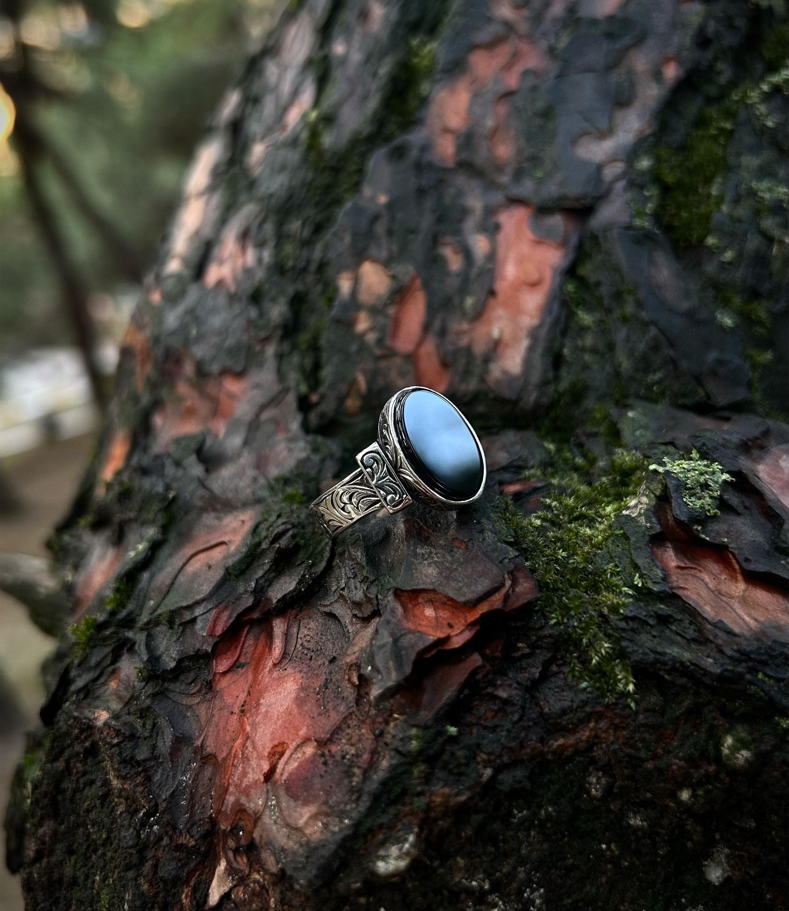 Men's Natural Black Onyx Ring | 925 Sterling Silver Real Stone Signet, Authentic Mens Jewelry