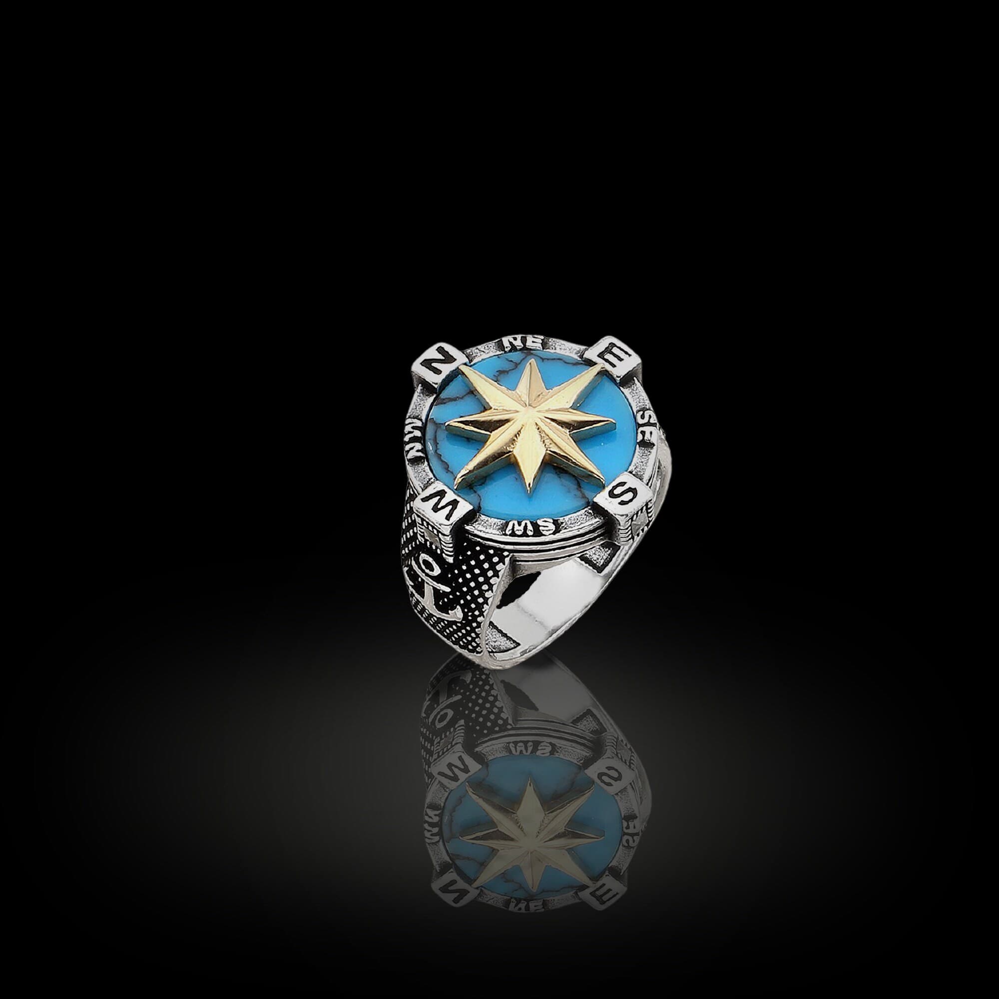 Sterling Silver Compass Ring For Men, Green Stone - image 4
