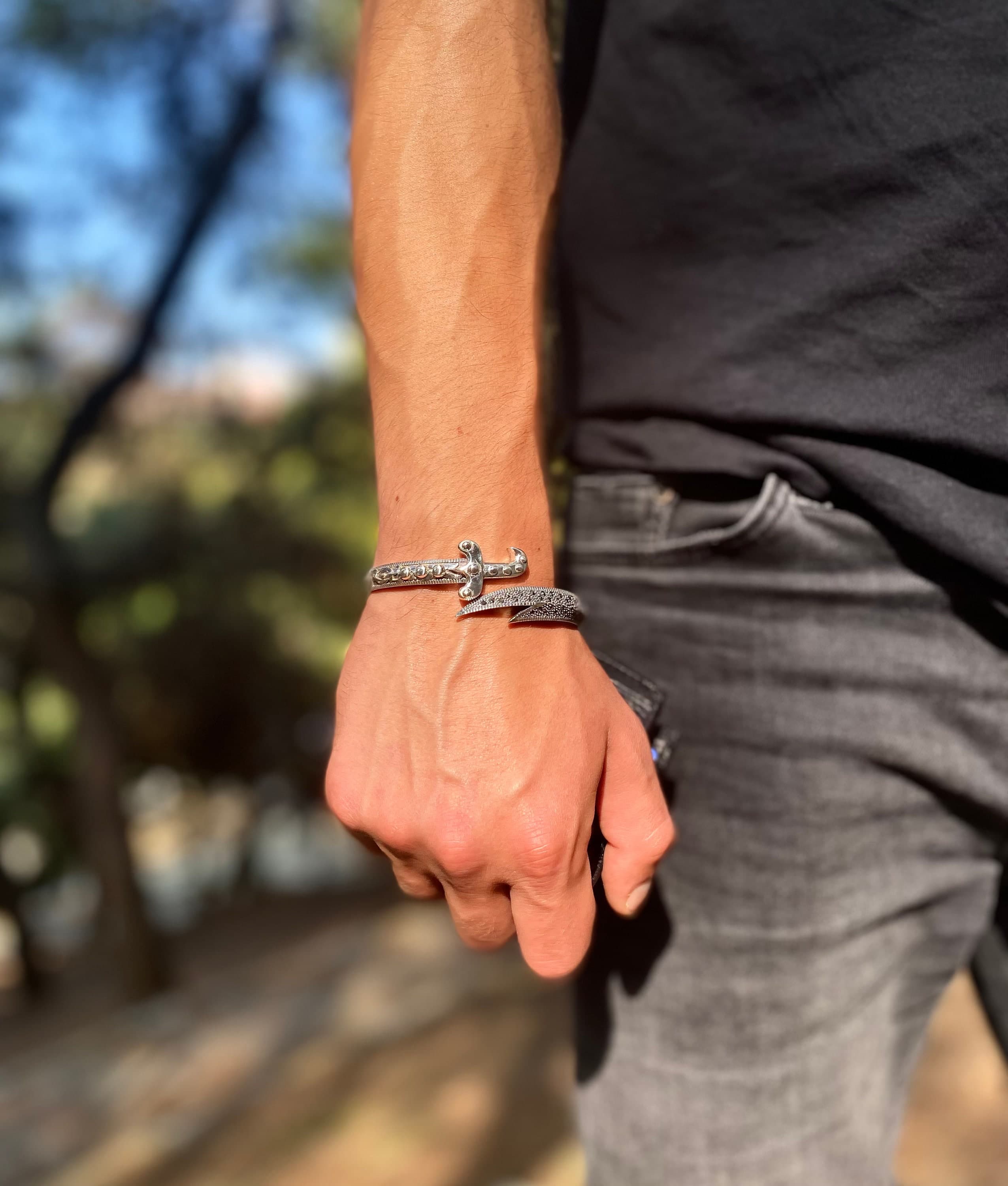 Silver Zulfiqar Bracelet With Zircon Stone. Handmade Zulfiqar Sword Bracelet For Men. Mens Adjustable Cuff Bracelet 925 Sterling Silver