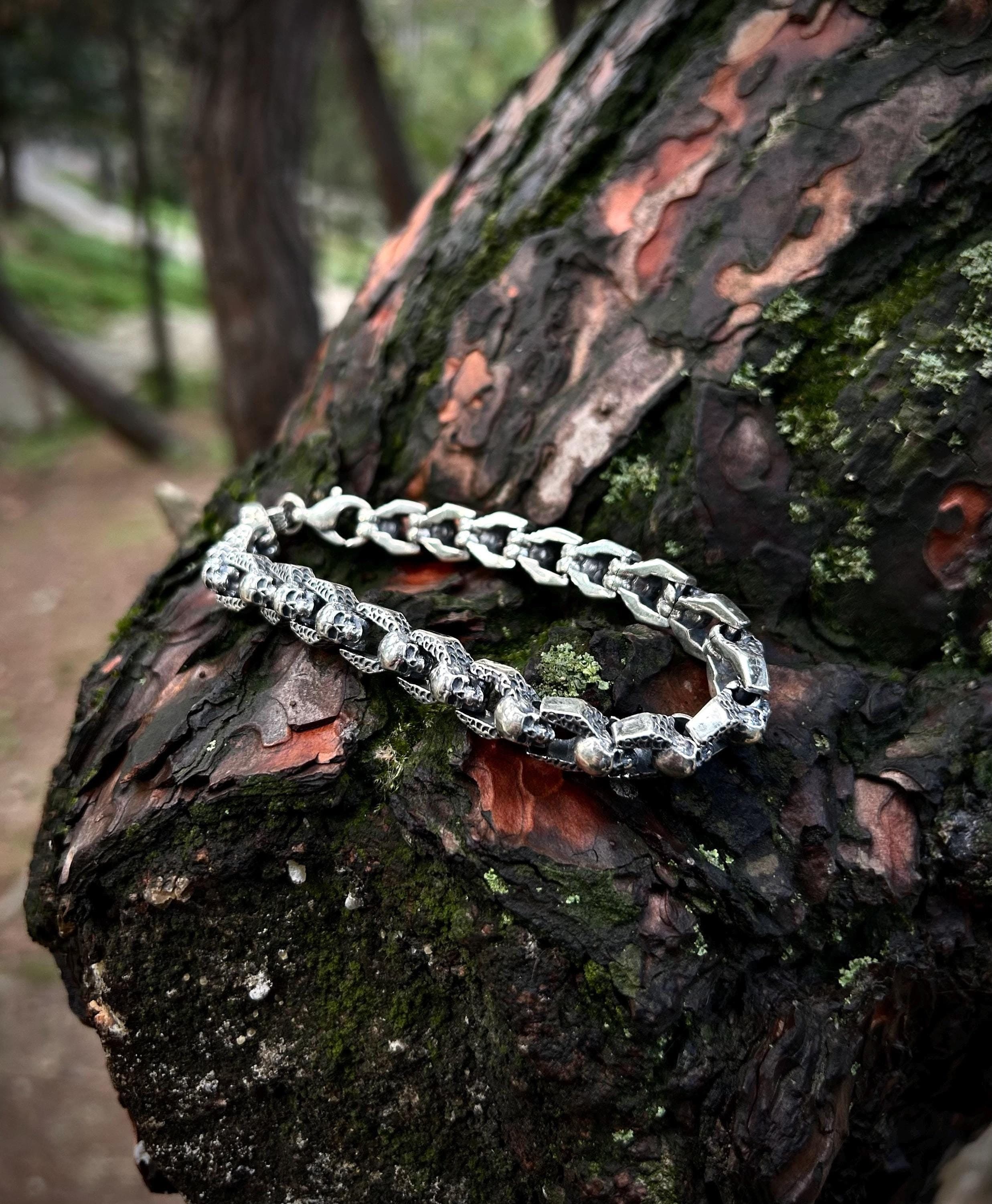 Men's Skull Chain Link Bracelet crafted from 925 Sterling Silver, designed for bikers and those with bold style. This high-quality, handmade skull bracelet makes a unique gift for men who appreciate edgy, standout jewelry.