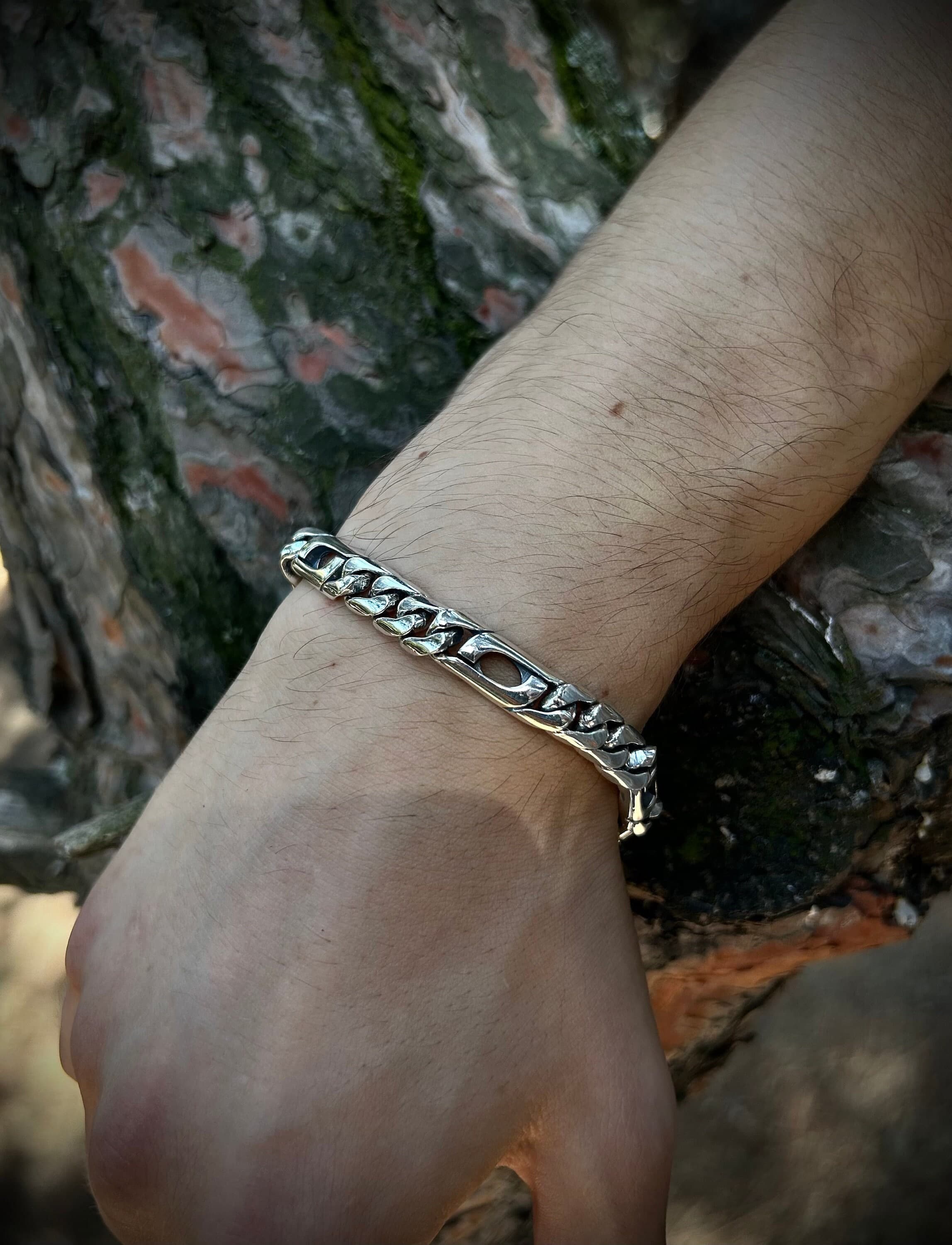 Unique Cut Out Chain Link Bracelet 925K Silver, Three Addition Part Chain Bracelet For Men Unique Design, Chain Bracelet Gift For Him