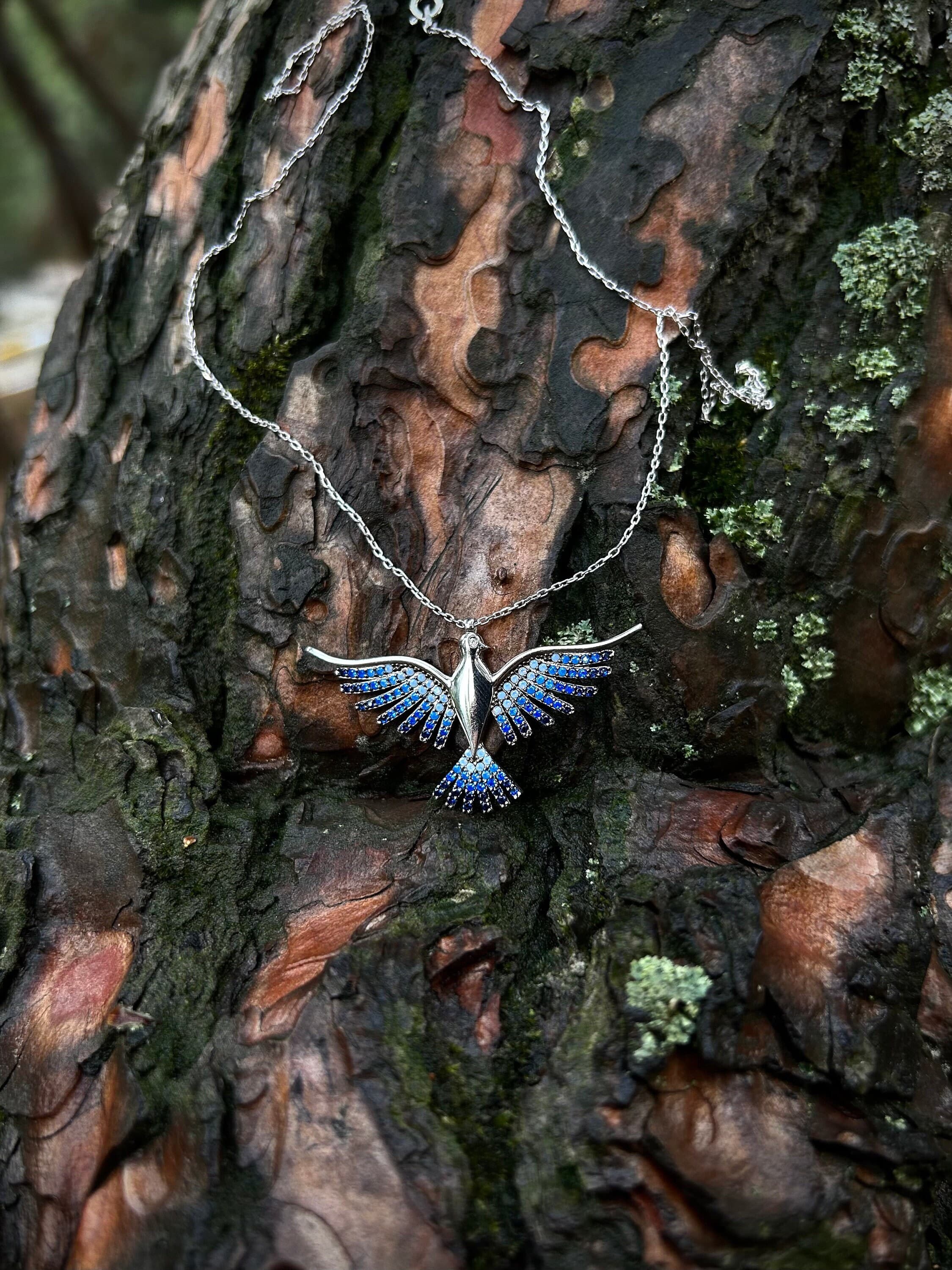Blue Phoenix Necklace: 925 Sterling Silver Zircon Bird Pendant