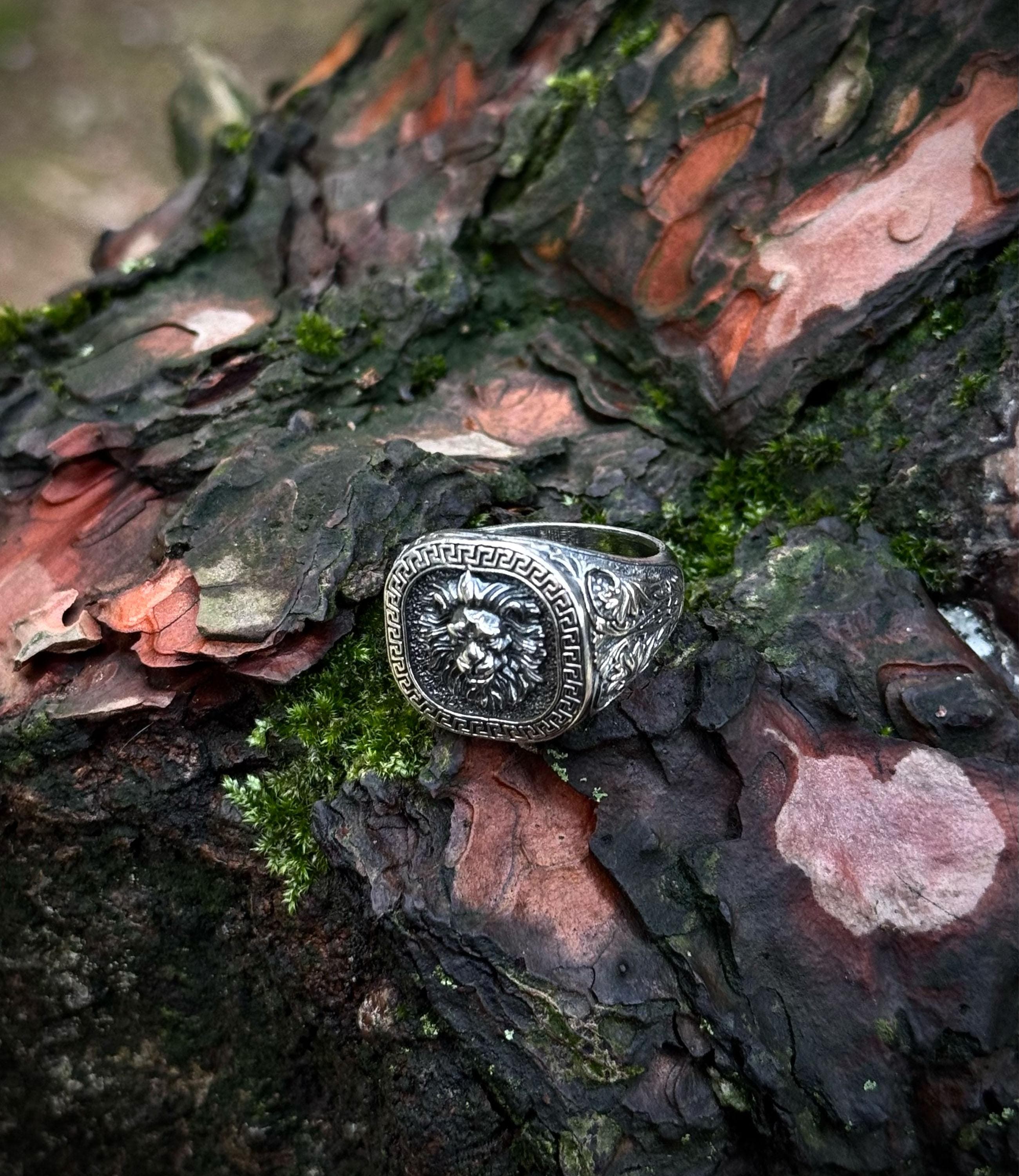 925 Sterling Silver Lion Signet Ring, Greek Key Men's Statement Ring - image 3