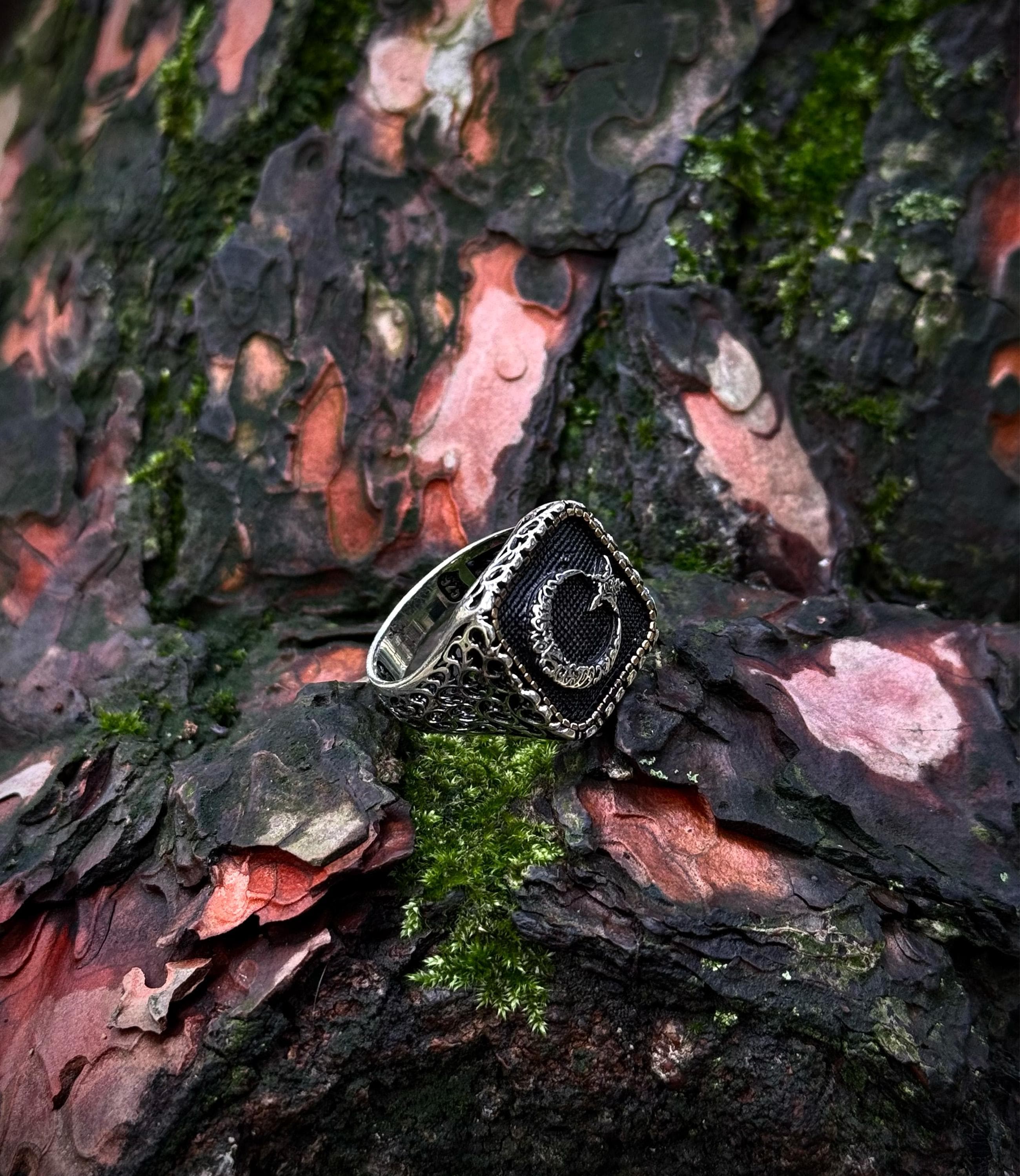 Oxidized Crescent Signet Ring 925 Sterling Silver, Square Patriotic Ring for Men - image 5