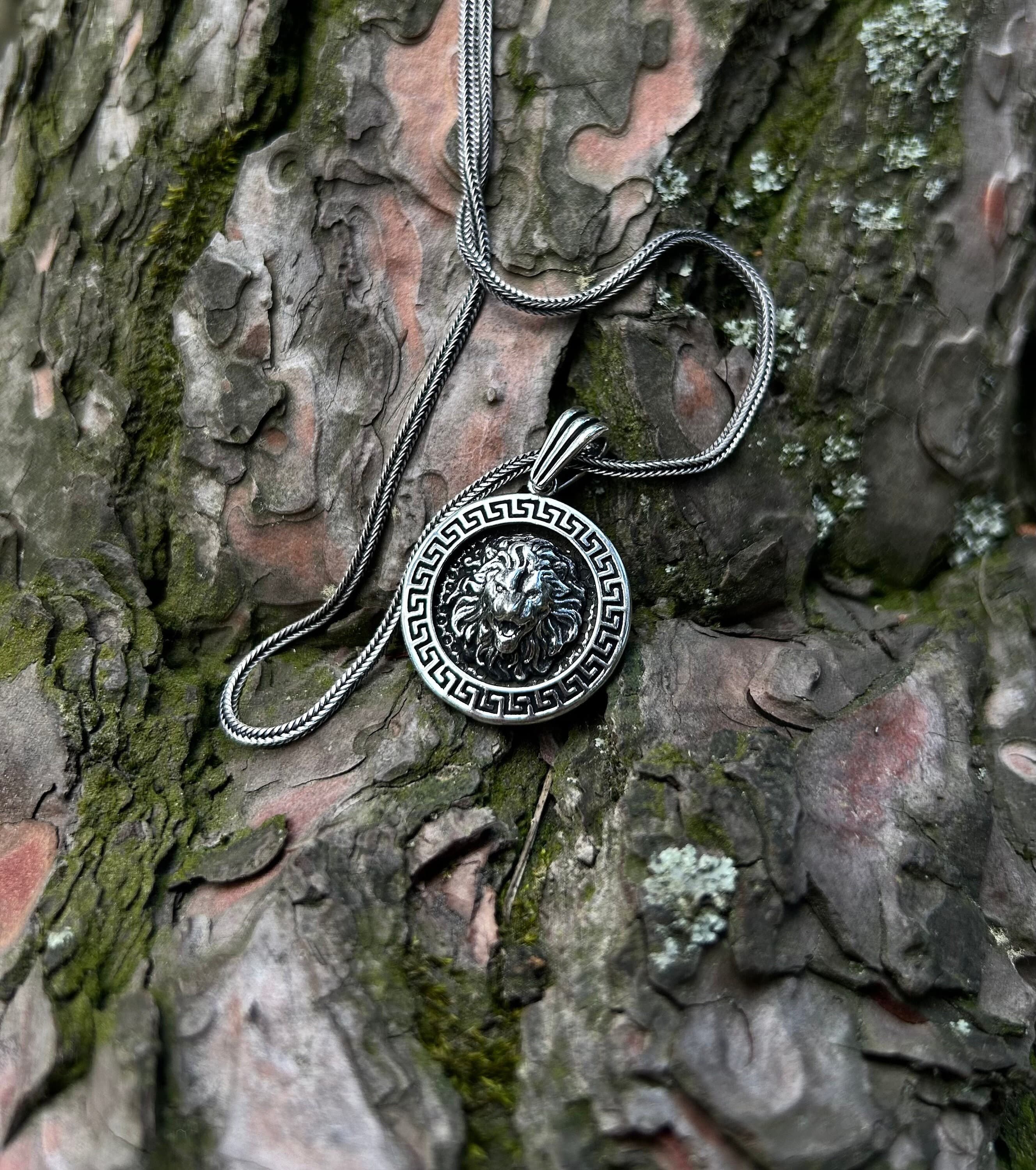 Sterling Silver Lion Medallion Necklace: Mens Roaring Lion Pendant