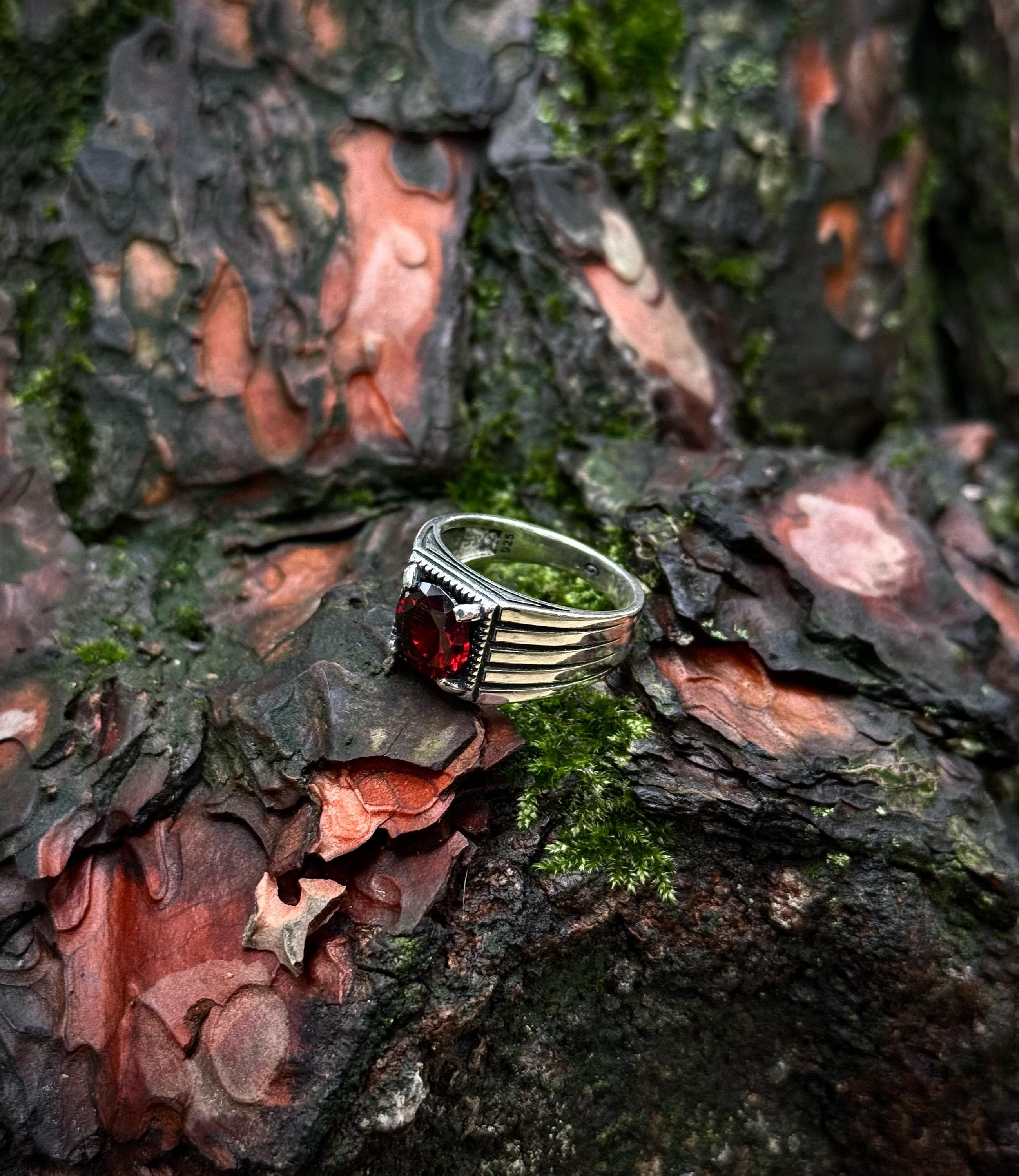 925 Sterling Silver Crimson Stone Ribbed Ring, Deep Red Men’s Ring - image 5