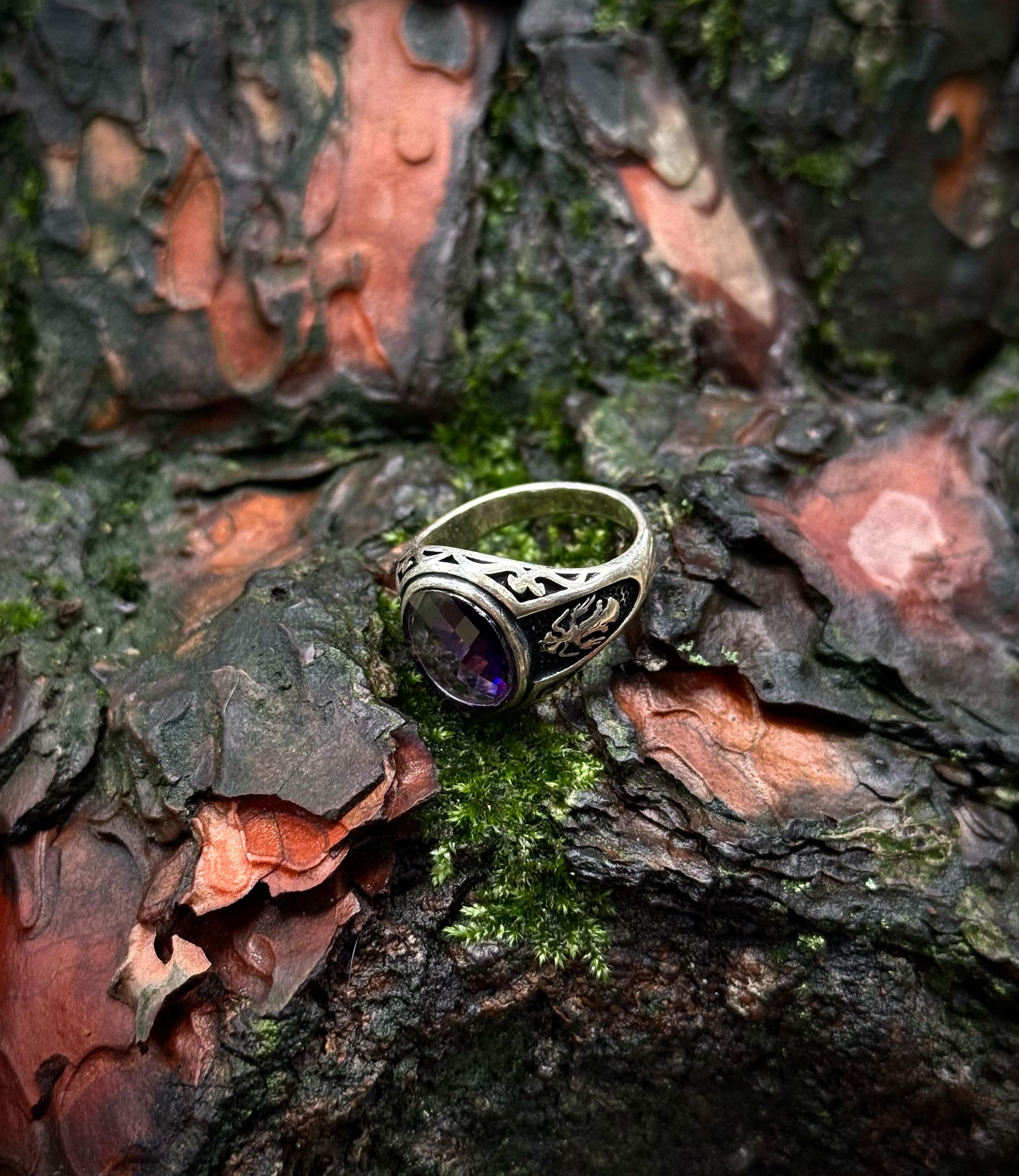 Royal Purple Stone Ring, Sterling Silver Men’s Ring with Engraved Band Design - image 3