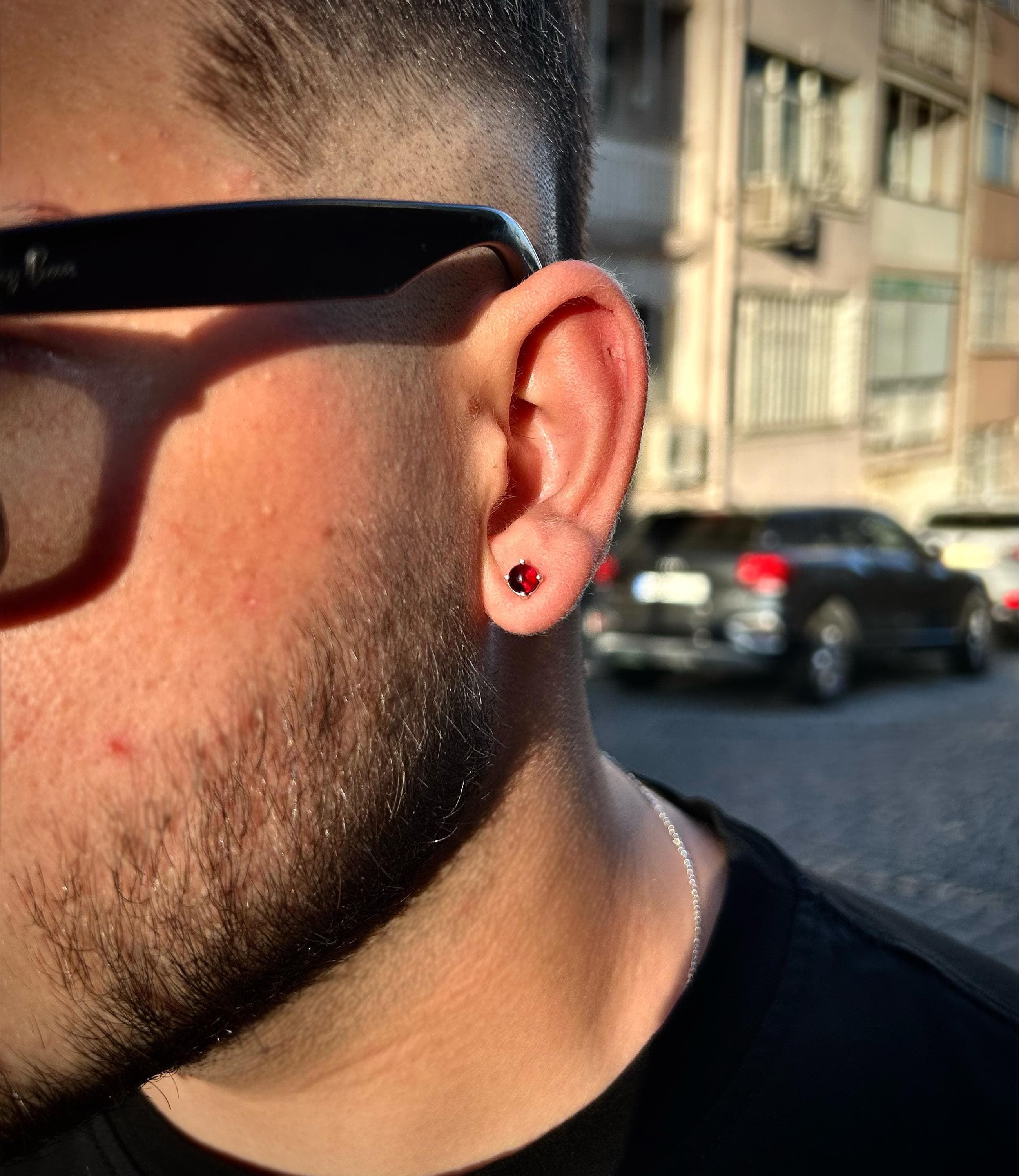 Burgundy Stud Earrings for Men: 925 Sterling Silver Minimalist Jewelry