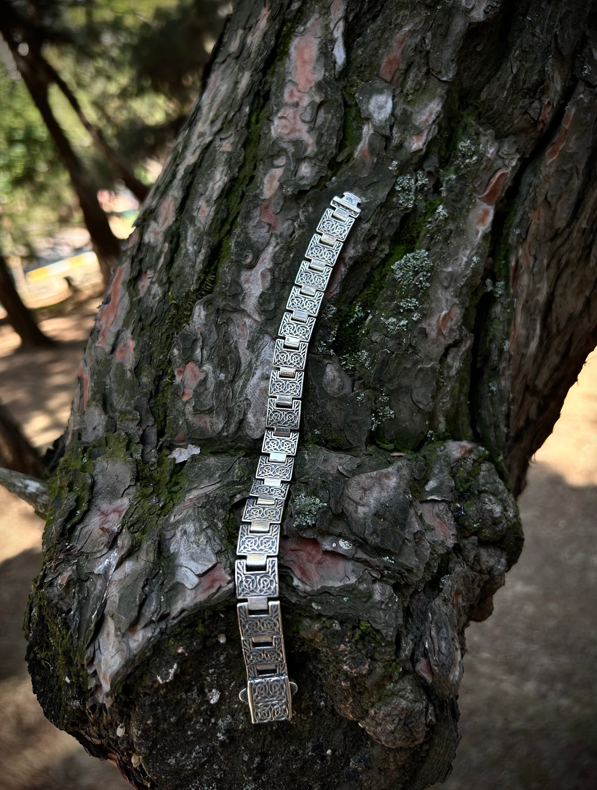 Mens Old School Plate Chain Bracelet 925K Silver, 12mm Engraved Art Chain Bracelet Sterling Silver, Bracelet Gift For Grandpa