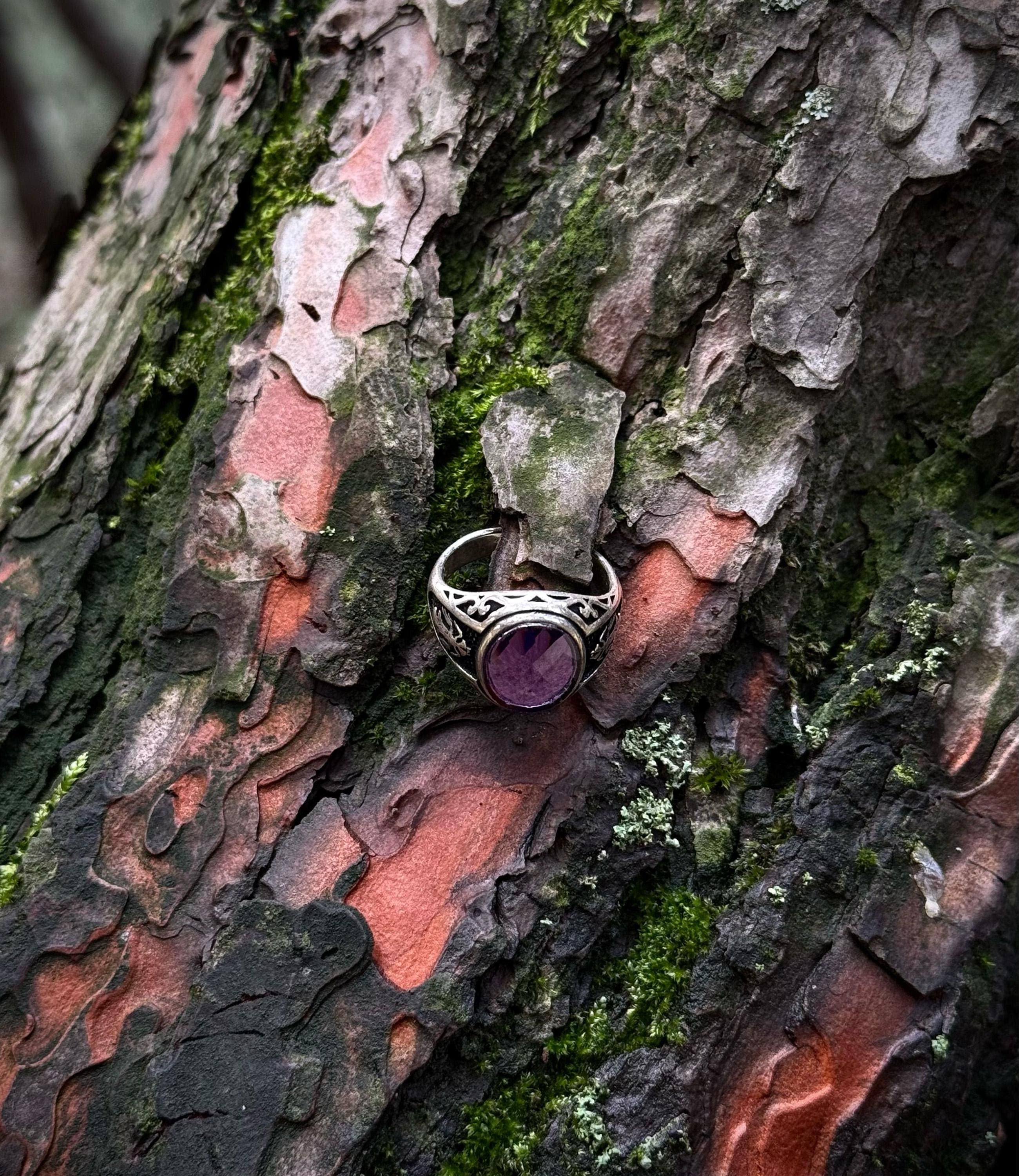 Royal Purple Stone Ring, Sterling Silver Men’s Ring with Engraved Band Design - image 4
