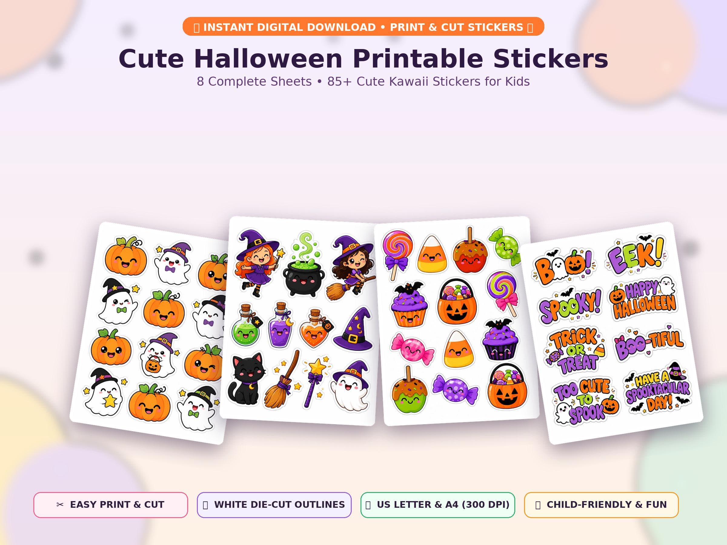 Cute Halloween Printable Stickers, Kids Halloween Sticker Bundle, Digital Download Sticker Sheets, Ghost Pumpkin Treat Bags