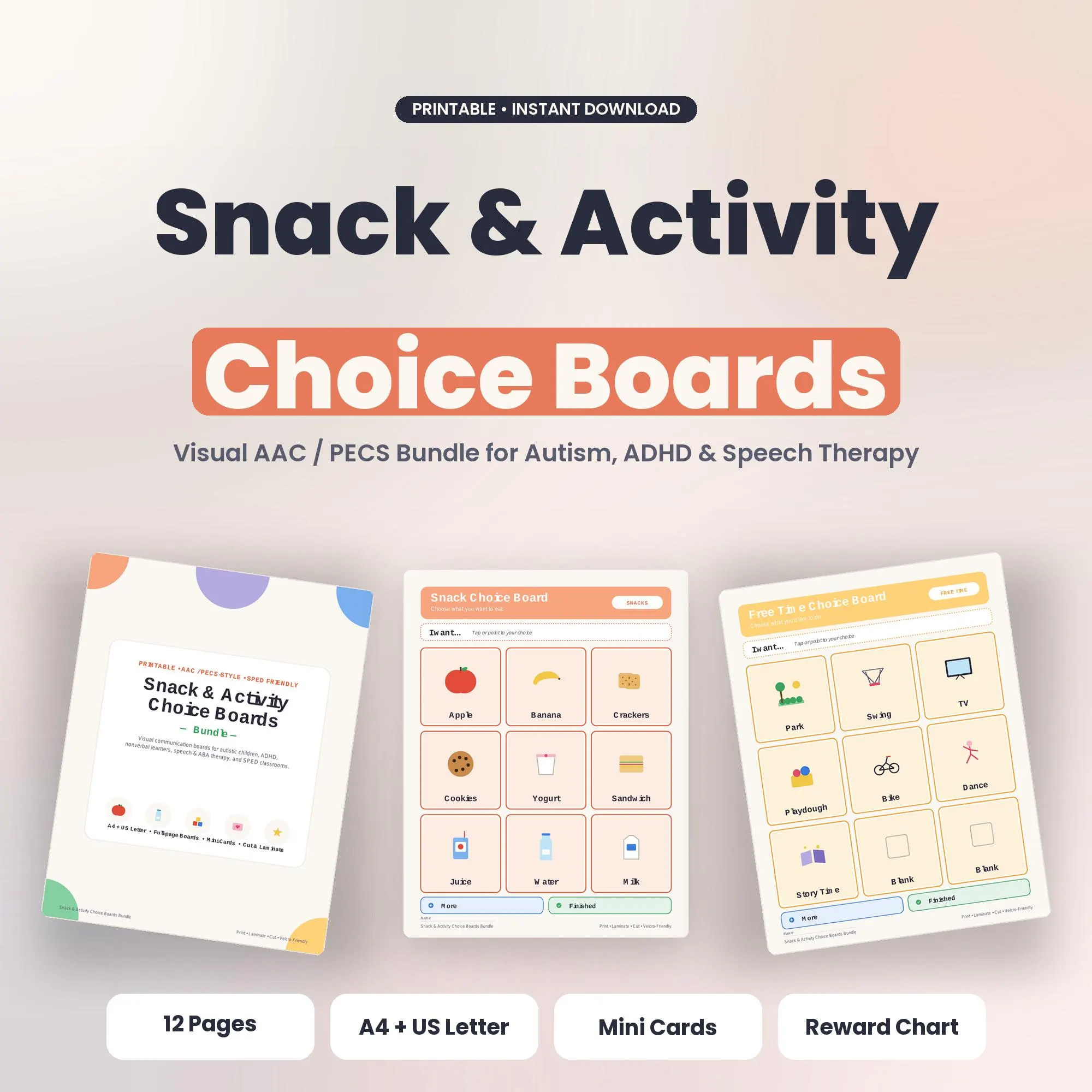 Autism Choice Boards Printable | Snack & Activity Communication Boards for Nonverbal Kids