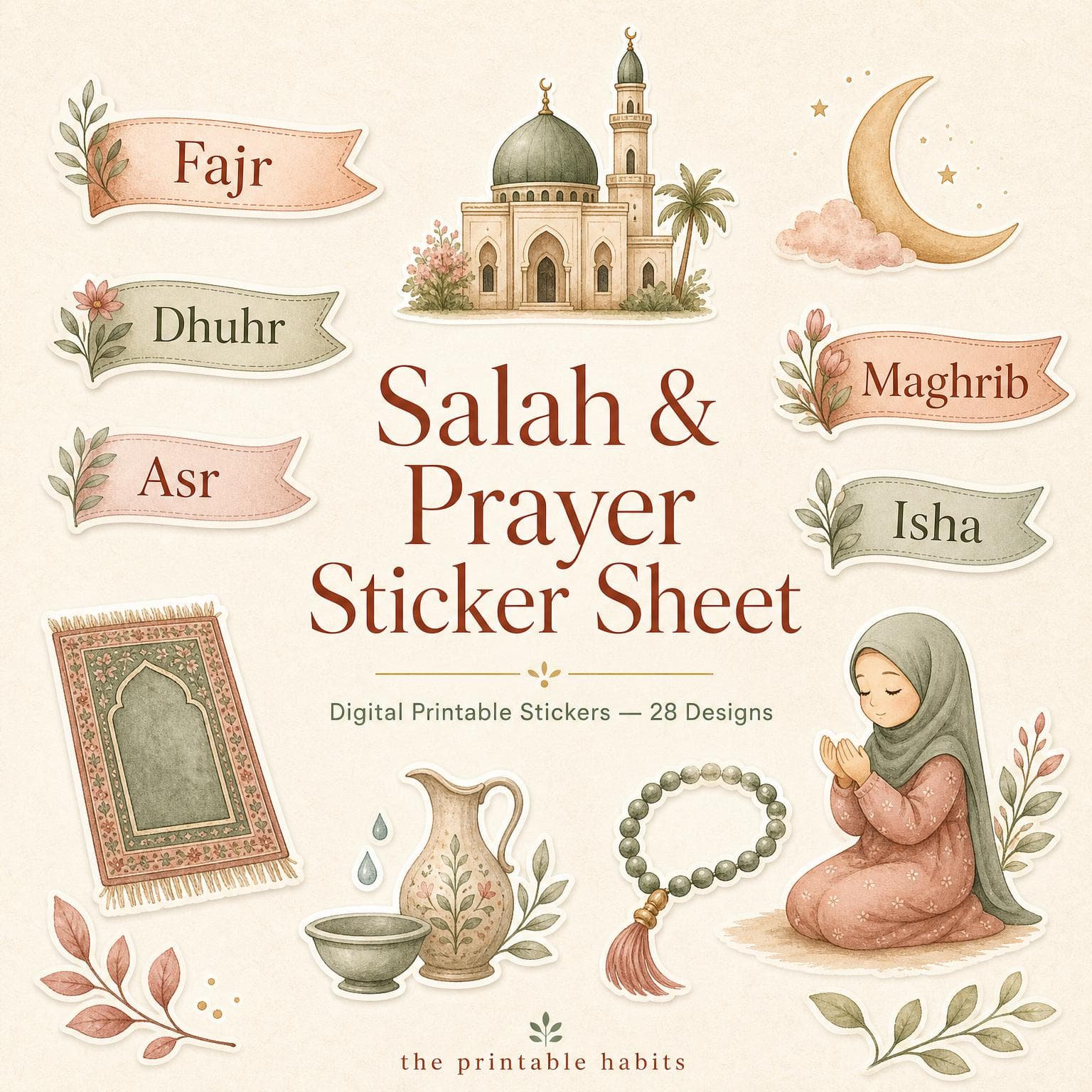 Salah Prayer Sticker Sheet | Islamic Watercolor Digital Planner Stickers (Instant Download)
