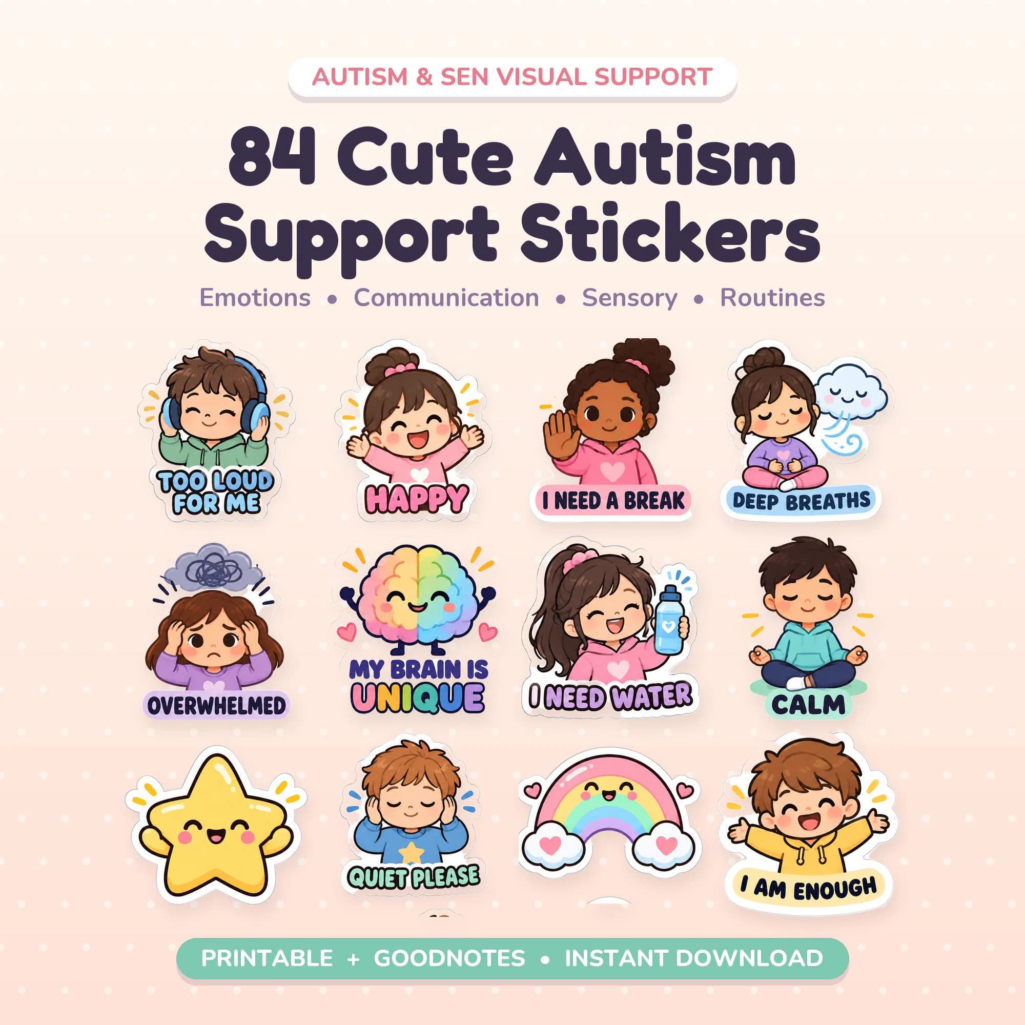 84 Autism Visual Support Stickers: Emotions, Communication, Sensory (Digital Download)