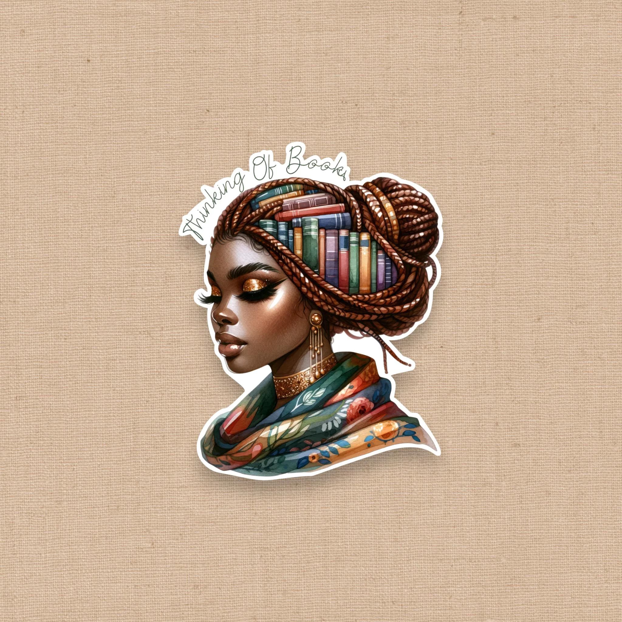 Thinking of Books Sticker, Black Woman Who Loves to Read, Black Girl Stationery, African American Book Lover, Bookworm, Kindle Sticker, Afro