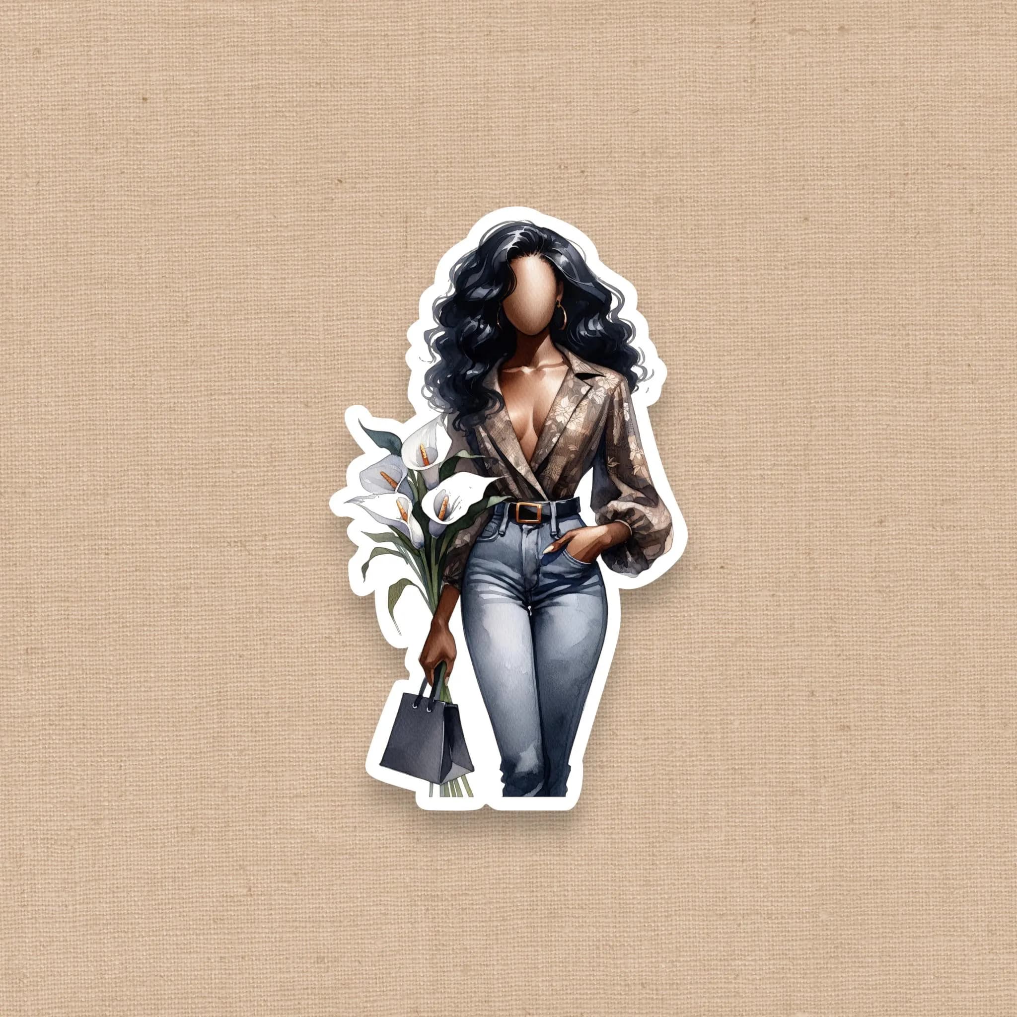 Black Woman with Flowers Sticker, Black Girl Sticker, Melanin Sticker, Calla Lilies, Kindle Sticker, Flower Lover, Faceless, Fashion Doll