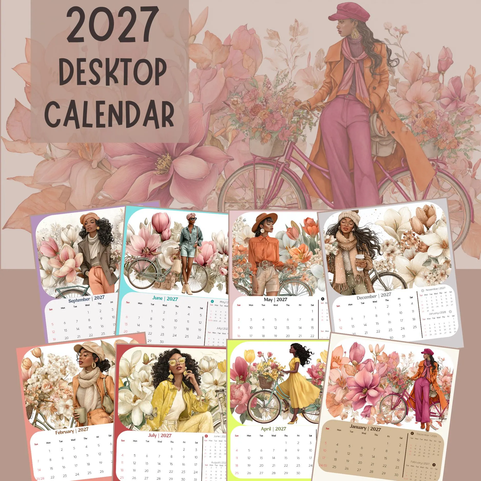 2027 Black Woman Floral Mini Desktop Calendar, 12 Individual Monthly Cards, Black Girl Calendar, Book Lover, Office Decor, Reading Nook