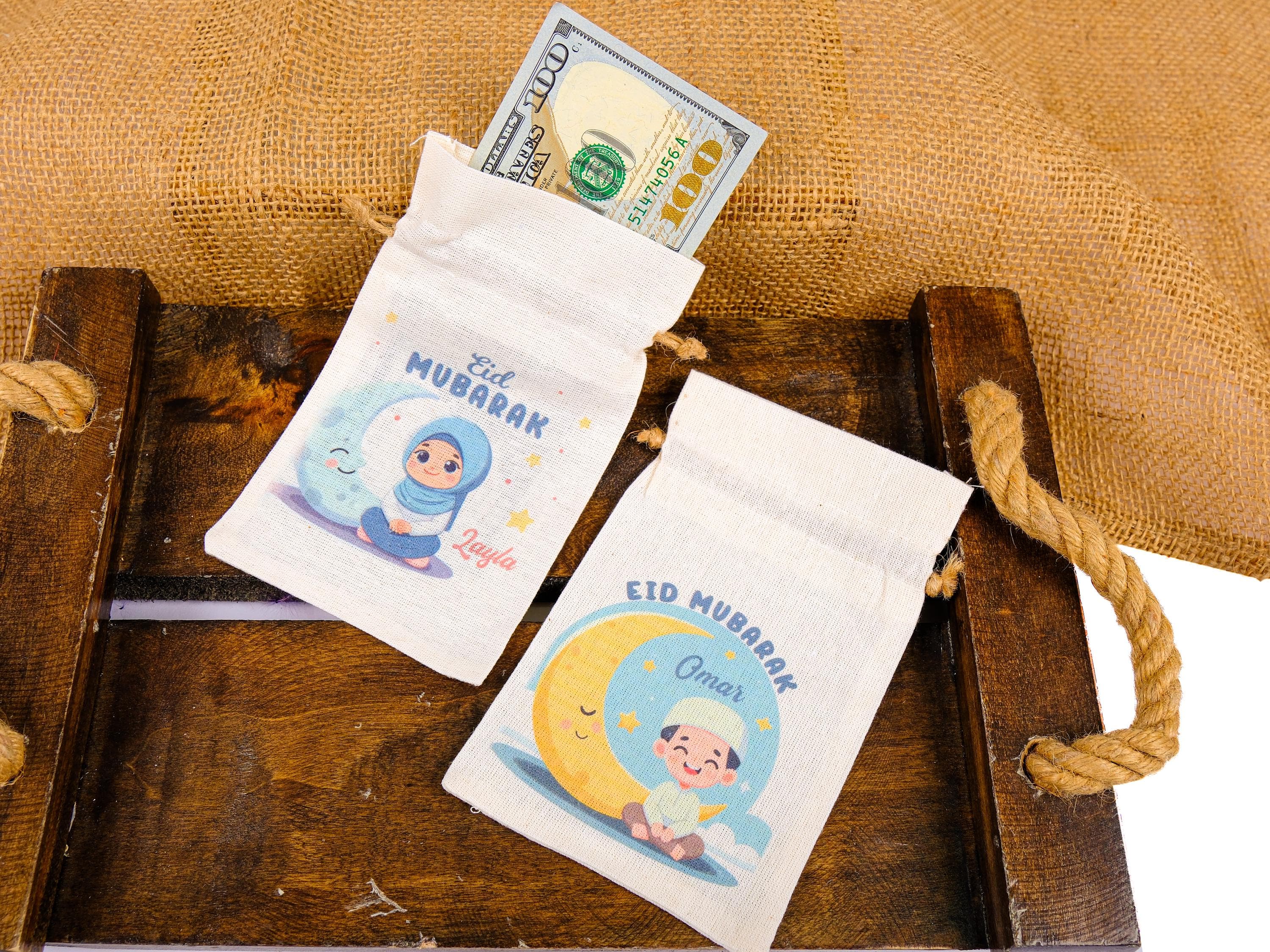Personalized Eid Gift Bag for Kids - Custom Ramadan Favor Pouch - Islamic Party Goodie Bag - Cotton Treat Bag with Name - Gif Bag for Guests