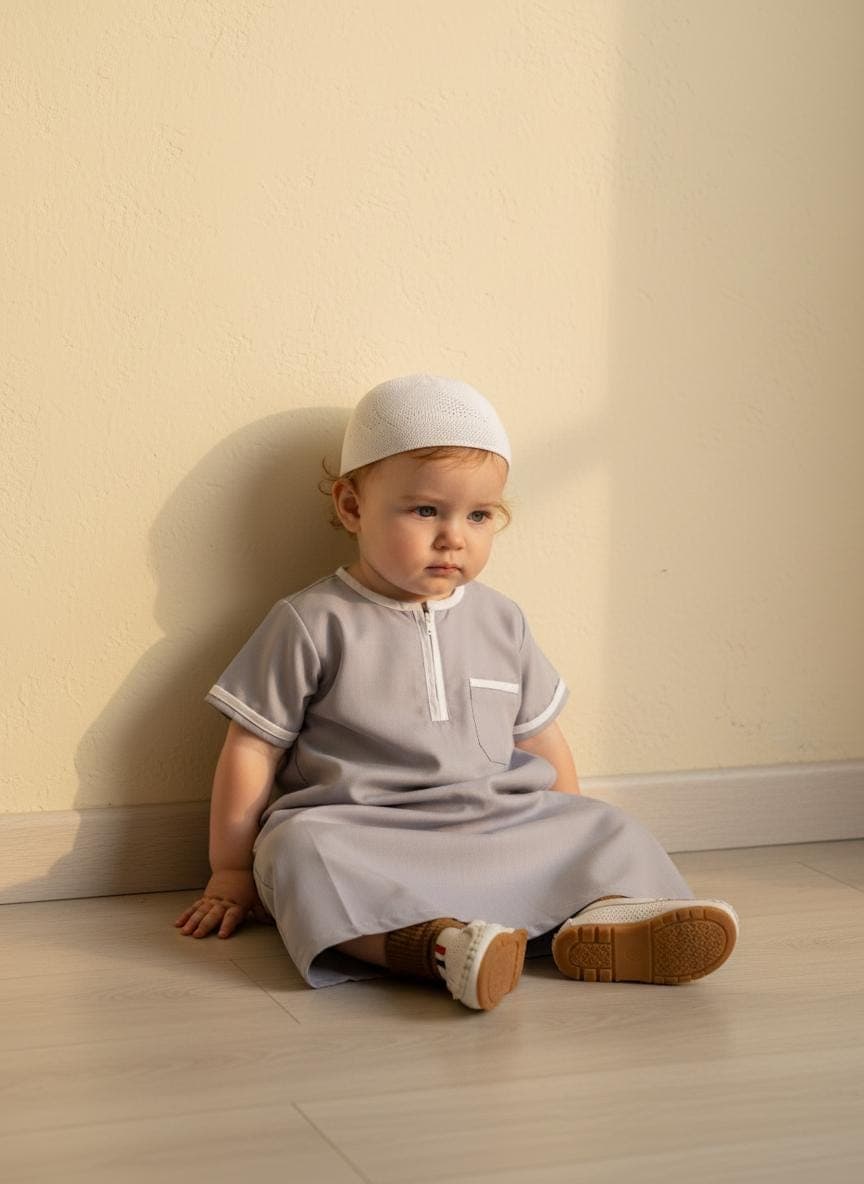 Baby abayas baby thobe for muslim boys with kopiah (prayerhat) gray colour