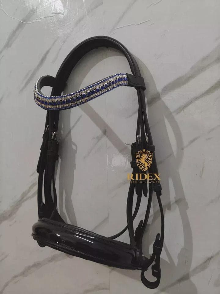 5 Row Blue/White Leather Crystal Browband Weymouth Horse Bridle Of All Sizes For Horse. - image 4