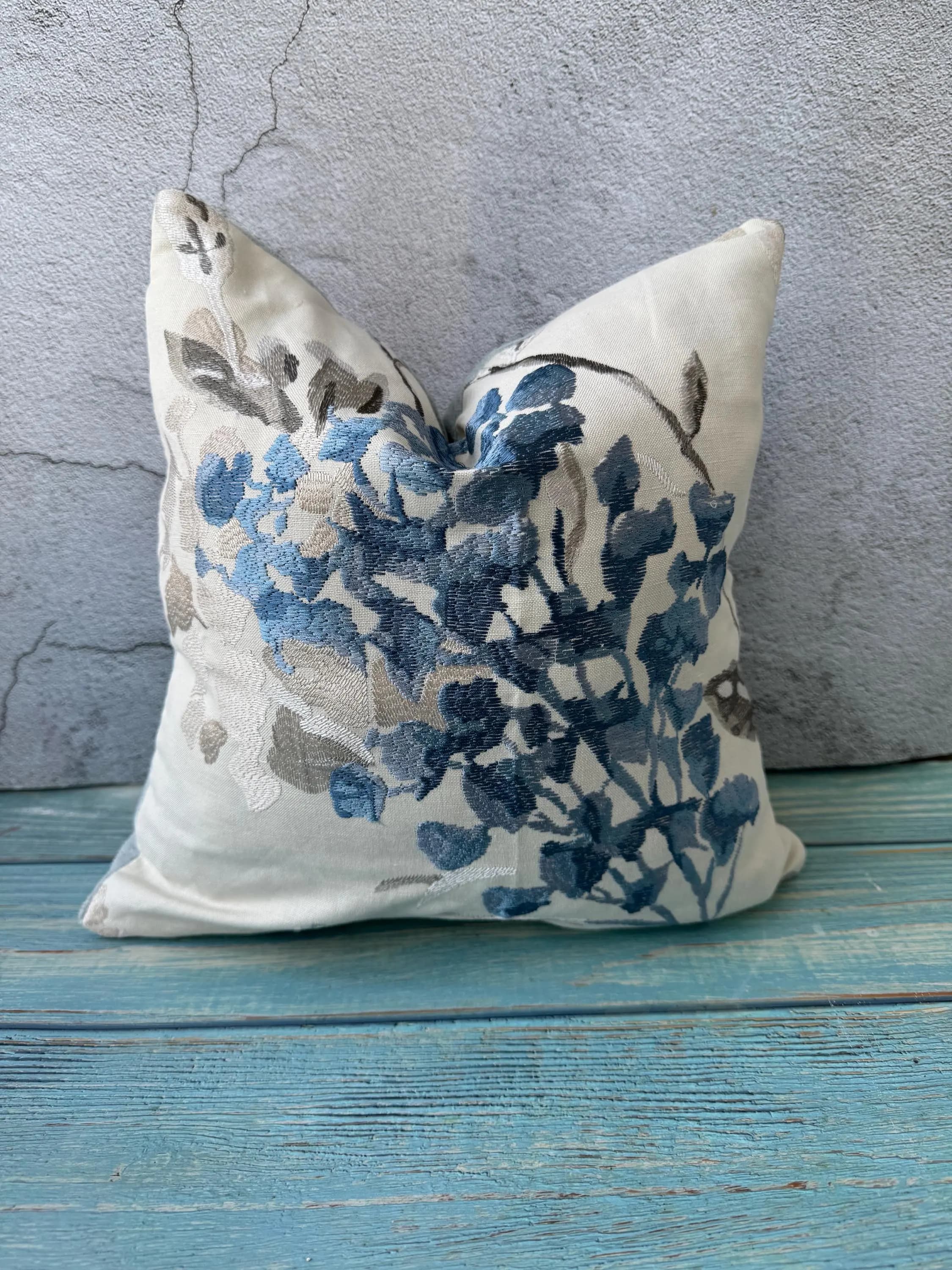 Embroidered Floral Throw Pillow Cover, Art Nouveau Beige Cushion (16x16 inch)