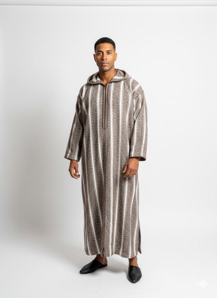Handmade Thick Wool Moroccan Djellaba - Striped Winter Kaftan